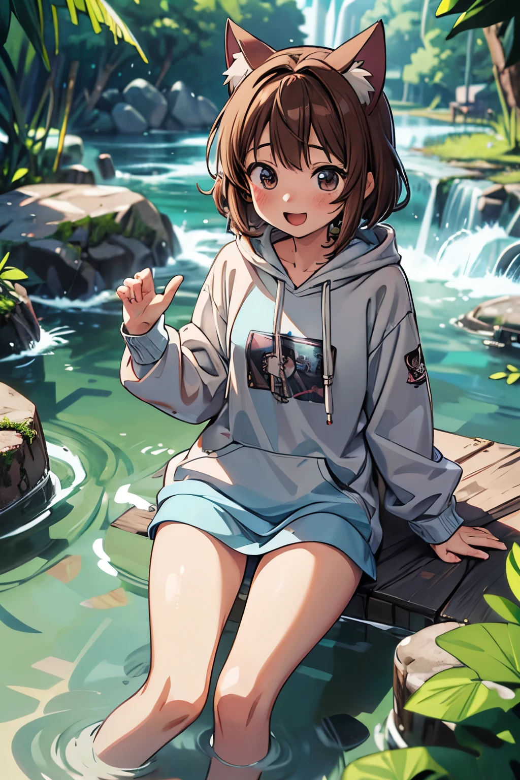 ((Masterpiece)), (Anime:1.5), ((best quality)), (RAW photo:1.2), (High Definition:1.3), (Professional Photography:1.2), (chromatic aberration), 1girl, ((ars old)8K, cinematic lighting, very messy hair, (enjoying and splashing:1.3), (on the shallow river), barefoot, (slightly exposed small breast), (tattered and torn dirty hoodie), Slender small breasts, (smile and open mouth), slum townscape, Textured skin, cat ears, pale brown hair, Cute Beautiful girl