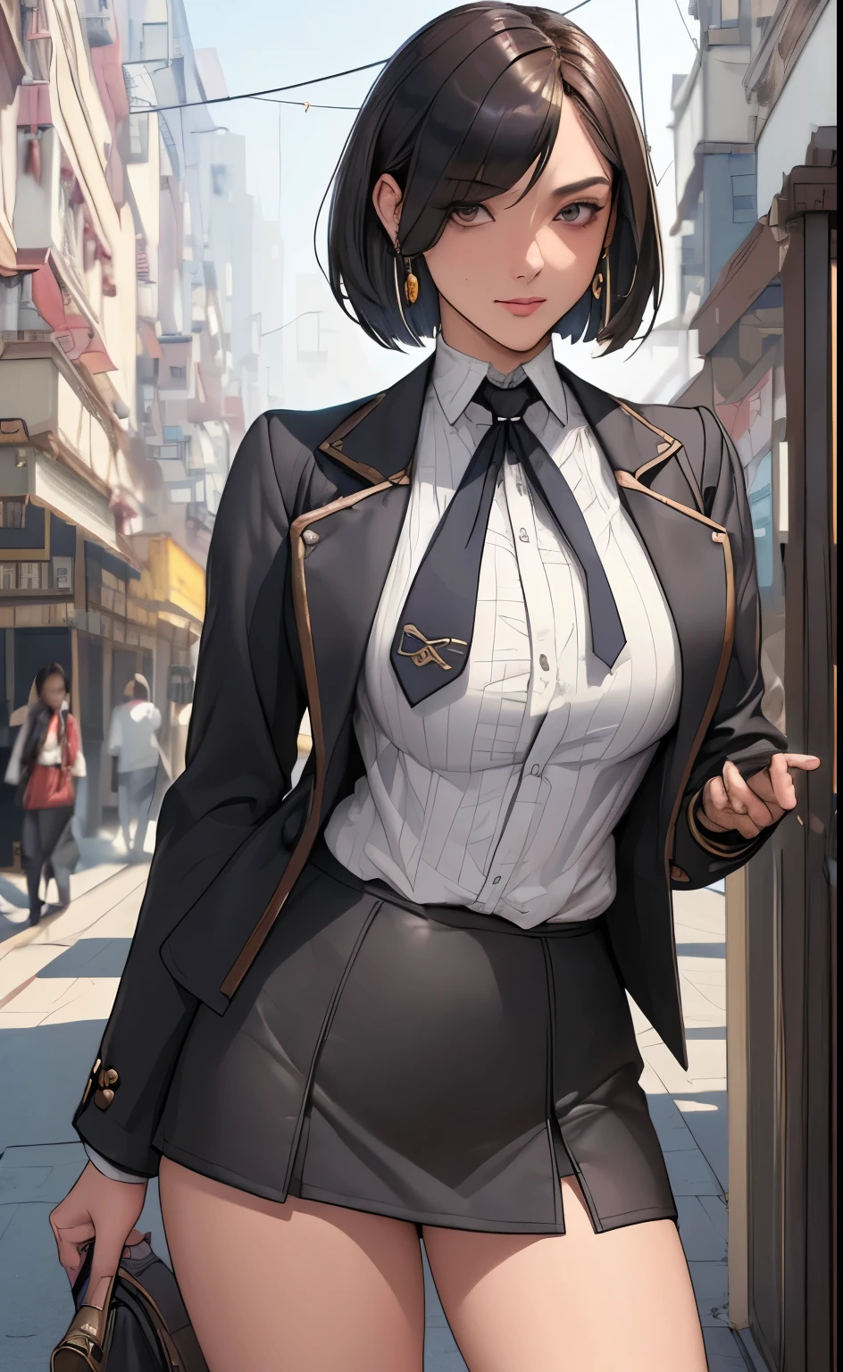 (masterpiece:1.3), (disorganized:1.3), (highest quality:1.3),perfect anatomy,detailed face,Steam punk, victorian era,Hong kong,horizontal angle,hands,looking at viewer, (Super detailed:1.3),(best shadow:0.7), (treated hair), angled bob cut,fine eyes, beautiful eyes, 1 matured woman, alone, standing, big breasts, crystal earrings,closed_mouth, arm_behind_return, (cropped jacket,flair mini skirt,white shirt,tie), rest outdoors, 