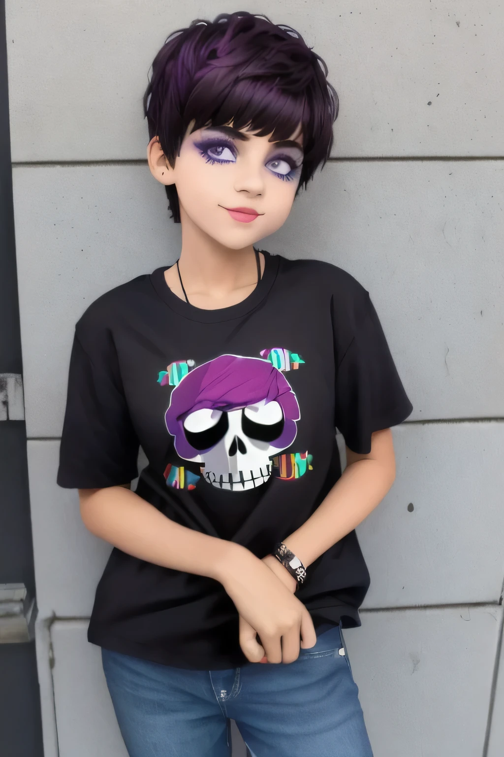 Hermosa chica adolesente , , modelo adolescente , chica rockera , short light brown hair , corte de cabello pixie , ojos color azul ,usa aretes de clip , tiene pecas en mejillas y nariz ,lindo maquillaje , sombra de ojos color morado , labios rojos , jermosa sonrisa , usa gargantilla negra , viste camiseta morada sin mangas con imagen de calavera , cinturon blanco , falda color lila con patrones de cuadros , botas largas con tacon , toca guutarra electrica morada