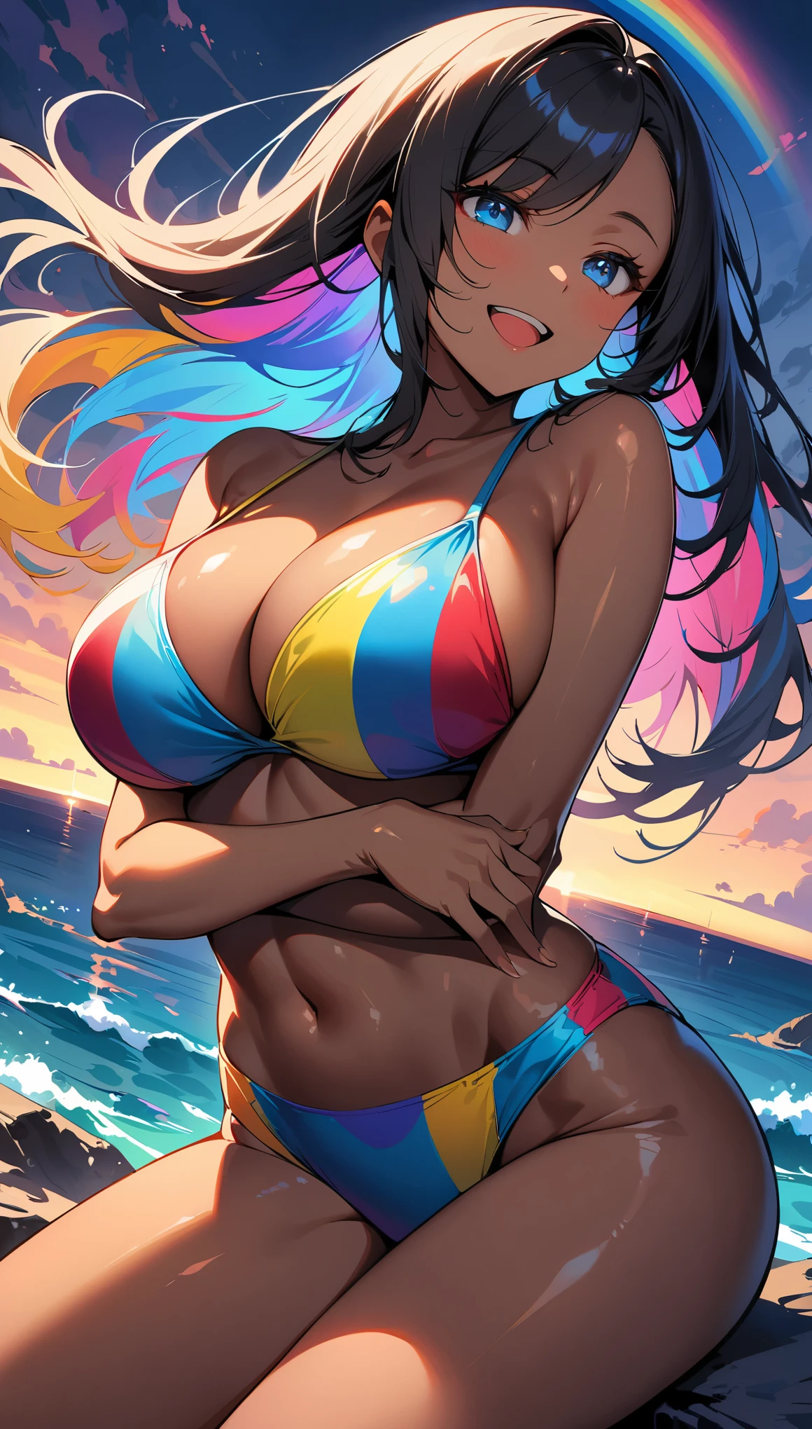 (high quality, 8k, 4k, high contrast, masterpiece:1.2, best quality, best aesthetics), (dynamic angle), alone, (((young woman,Beautiful Black Woman, Ebony 1 Female))), (small face), (high detail skin:1.2), cute face, (rainbow hair), beautiful breasts, (slim body shape:1.4), very detailed顔と肌の質感, look sideways, place your hands behind your body, deep ebony:1.2, ((Long bangs on one side, asymmetrical bangs, one eye is hidden)), slender body, ((open your mouth and smile:1.2)), big breasts, sitting:1.2, normal hip joint, Composition from below, (((colorful swimwear:1.2))), Coast at dusk, staring eyes, shiny skin, perfect fingers, five fingers, background bokeh, bright colors, very detailed,