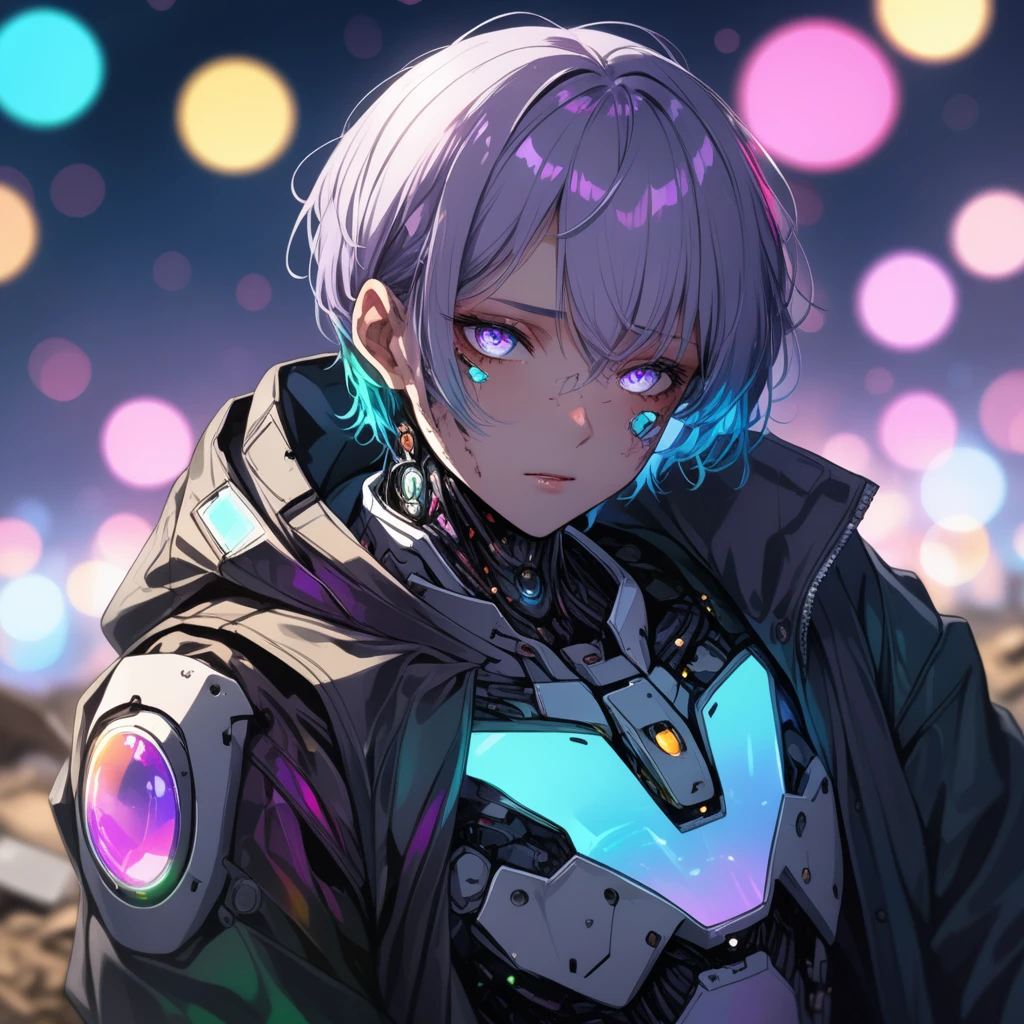 ((1man)), a broken ruined cyborg adult man in a landfill, robot, beautiful face, body is broken with scars and holes, laying on the ground, 8K, (dynamic perspective), sharp focus, (depth of field, bokeh:1.3), extremely detailed eyes and face, beautiful detailed eyes, hyperpunk scene, cinematic lighting, reflective transparent iridescent opaque jacket, long transparent iridescent RGB hair, ((masterpiece, best quality)), from above, upper body, navel, short hair