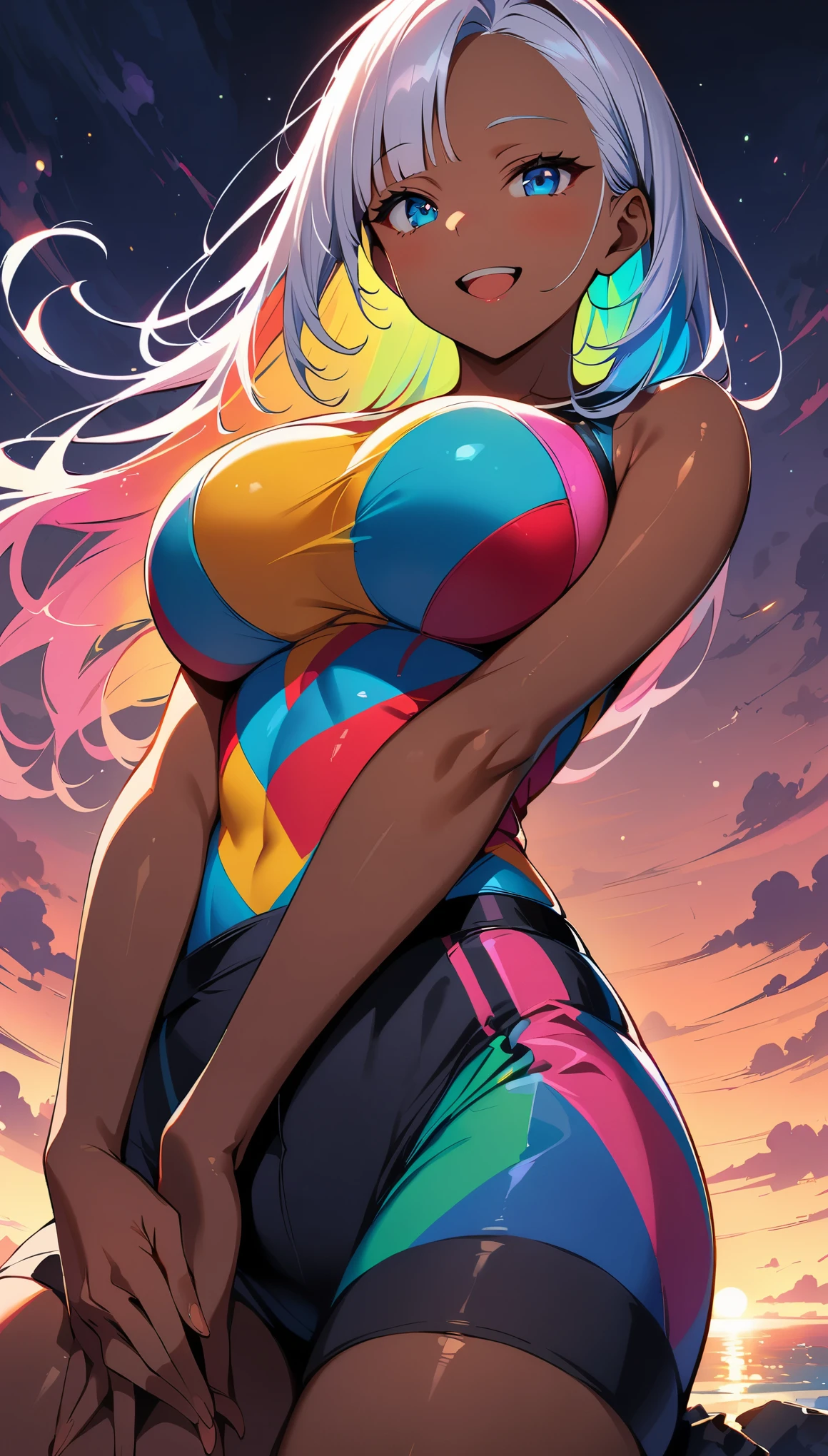 (high quality, 8k, 4k, high contrast, masterpiece:1.2, best quality, best aesthetics), (dynamic angle), alone, (((young woman,Beautiful Black Woman, Ebony 1 Female))), (small face), (high detail skin:1.2), cute face, (rainbow hair), beautiful breasts, (slim body shape:1.4), very detailed顔と肌の質感, look sideways, place your hands behind your body, deep ebony:1.2, ((Long bangs on one side, asymmetrical bangs, one eye is hidden)), slender body, ((open your mouth and smile:1.2)), big breasts, sitting:1.2, normal hip joint, Composition from below, (((colorful swimwear:1.2))), Coast at dusk, staring eyes, shiny skin, perfect fingers, five fingers, background bokeh, bright colors, very detailed,