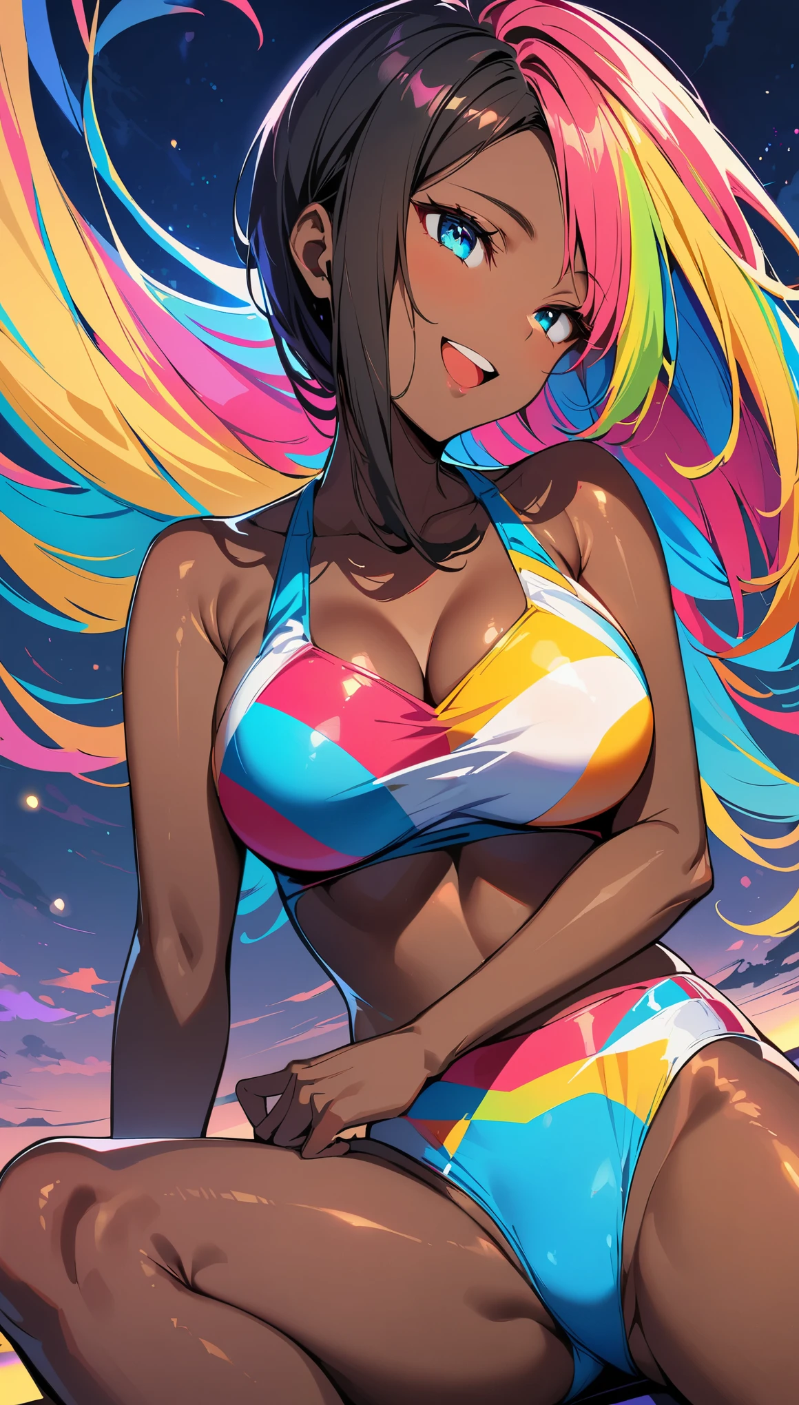 (high quality, 8k, 4k, high contrast, masterpiece:1.2, best quality, best aesthetics), (dynamic angle), alone, (((young woman,Beautiful Black Woman, Ebony 1 Female))), (small face), (high detail skin:1.2), cute face, (rainbow hair), beautiful ???????, (slim body shape:1.4), very detailed顔と肌の質感, look sideways, place your hands behind your body, deep ebony:1.2, ((Long bangs on one side, asymmetrical bangs, one eye is hidden)), slender body, ((open your mouth and smile:1.2)), ???????????, sitting:1.2, normal hip joint, Composition from below, (((colorful swimwear:1.2))), Coast at dusk, staring eyes, shiny skin, perfect fingers, five fingers, background bokeh, bright colors, very detailed,