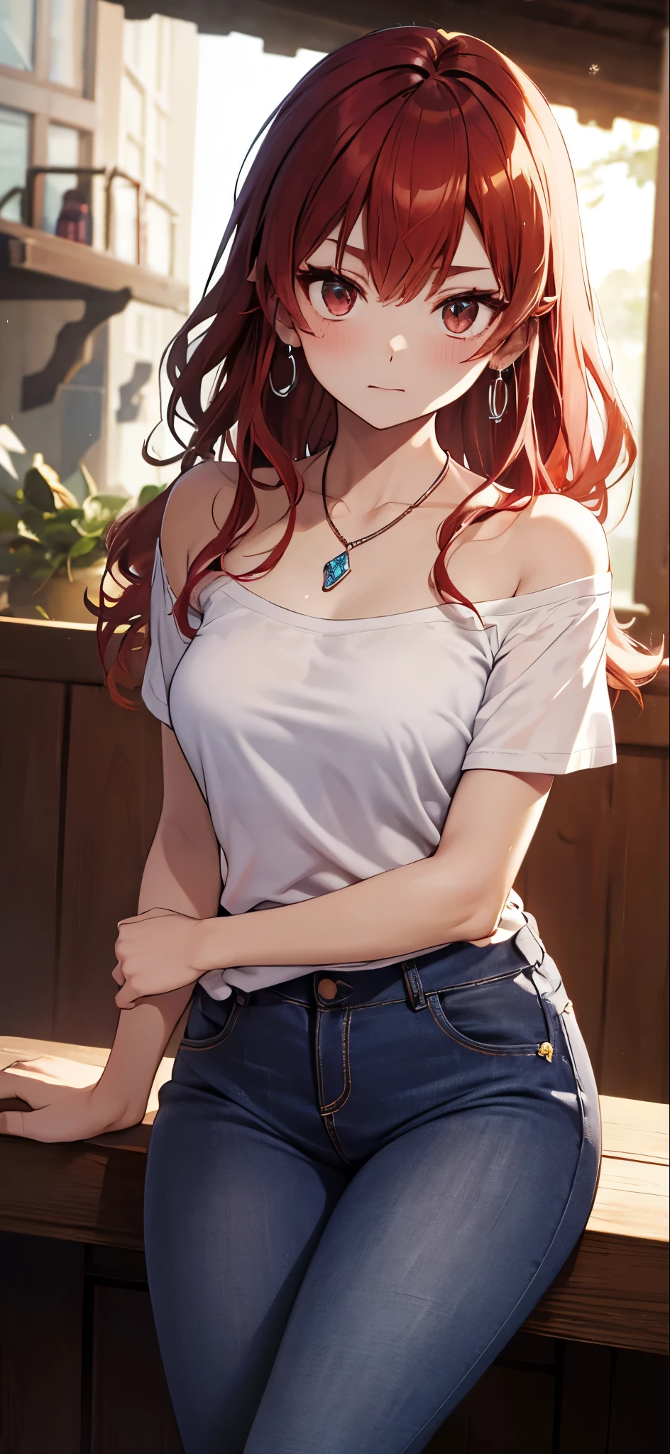 High resolution、{One very tight little white T-shirt:1.0}、jeans hot pants、barefoot、real skin、Crisp skin、casual、big earrings、necklace、cowboy shot、Close-up、