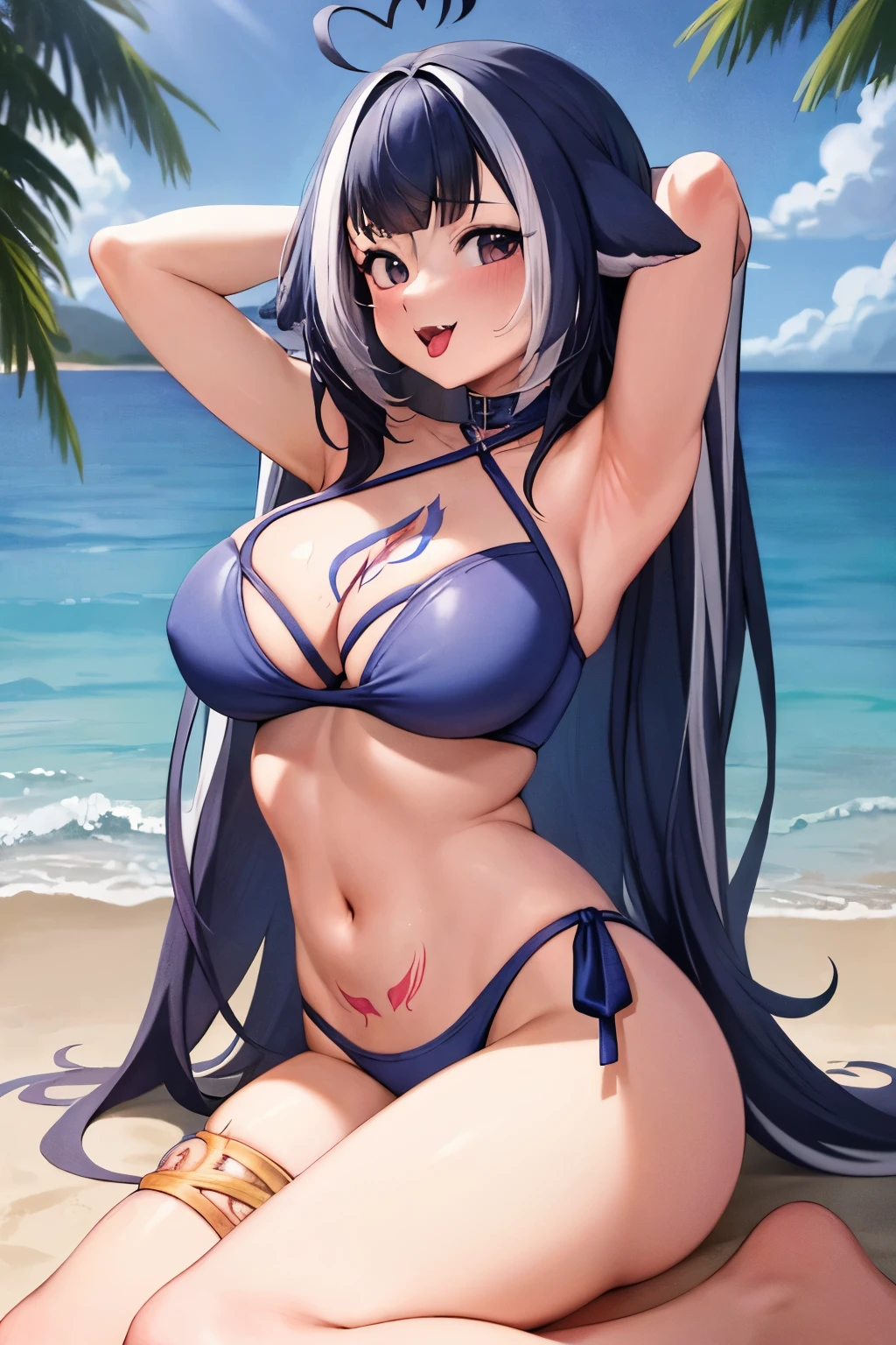 (masterpiece), (ultra-detailed), best quality, 8k, 1girl, solo, outdoors, beach, ocean, shylilybikini, :3, large breasts, cleavage, shirt, bikini, thigh strap, navel, halterneck, criss-cross halter, facial mark, tattoo, cetacean tail, sitting, thighs, open mouth, fangs, tongue out, tongue, bare arms, arms behind back, heart ahoge, 