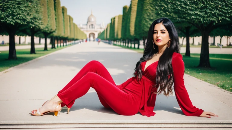 
A 30-year-old woman of mixed Indian and Moroccan , long hair , very realistic, Classy and pretty, chilling at home.  full body portrait,  at park of Tuileries