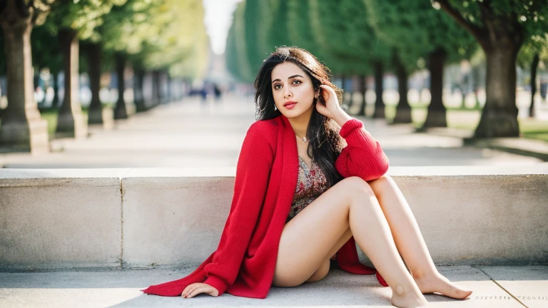 
A 30-year-old woman of mixed Indian and Moroccan , long hair , very realistic, Classy and pretty, chilling at home.  full body portrait,  at park of Tuileries