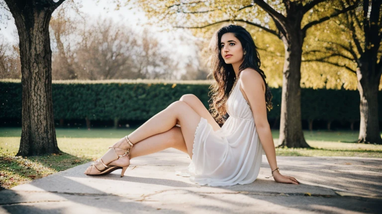 A 30-year-old woman of mixed Indian and Moroccan , long hair , very realistic, Classy and pretty, chilling at home. full body portrait, at park of Tuileries