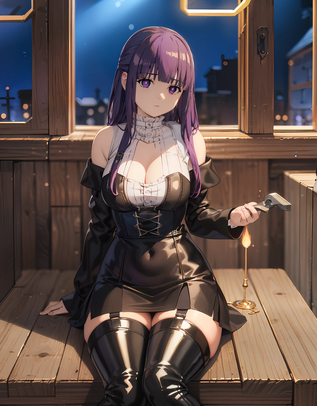 (highest quality, masterpiece),sexy, erotic, 1 girl, 18-year-old, despise, pride, purple long hair, ((purple eyes)), looking at the viewer, medieval tabernacle, (close), ((dark room)), Candles are lit,, ((cleavage)), Mr..々Inside the torture chamber, where various tools are placed、
bondage、Black Leather Corset Dress、Beautiful embroidery on the corset.、Corset dress with shoulder straps、Black leather striped tight mini skirt、Black thigh boots、high heel boots、No expression