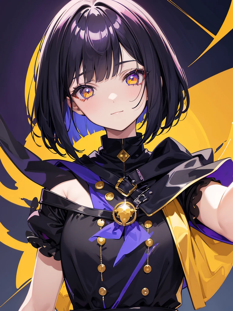 Witch's outfit, Anime-style portrait of a -agerrl with a deep violet bob cut, (Golden eyes), bright eyes, detailed eyes, baby-fa eye contact with the camera, subtle smile, minimalistic background to emphasize character, high contrast, clean lines, digital painting, vivid colors