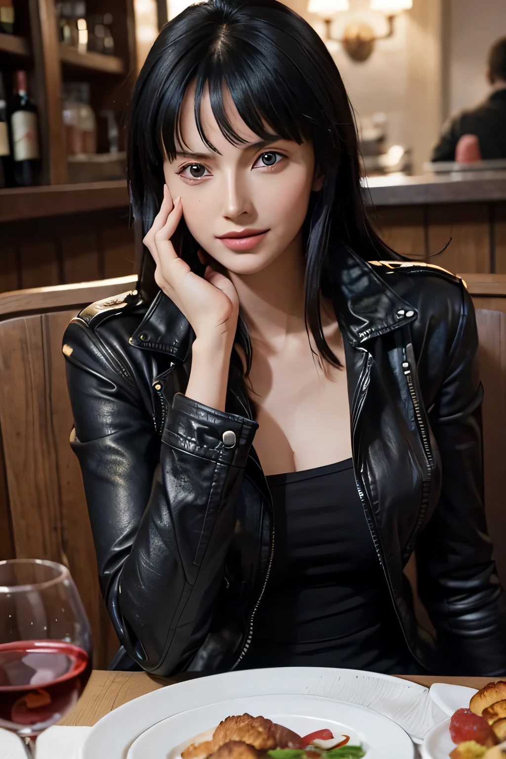 An ultra hot gorgeous European russian woman, age 28, dark black hair, fringe bangs. she's a playmate, men magazine model. She has a subtle smile, without showing teeth, flirts with the camera, nico_robinnn
In a classy restaurant, sitting across the table, holding a glass of wine, food on the table. 
Sensual pose, hand on her face.
She is wearing a black leather jacket, blue jeans.

Perfect anatomy, perfect hair, perfect breast, perfect body, perfect hands, perfect face, UHD, retina, masterpiece, accurate, anatomically correct, textured skin, super detail, high details, high quality, award winning, best quality, highres, 16k, 8k,