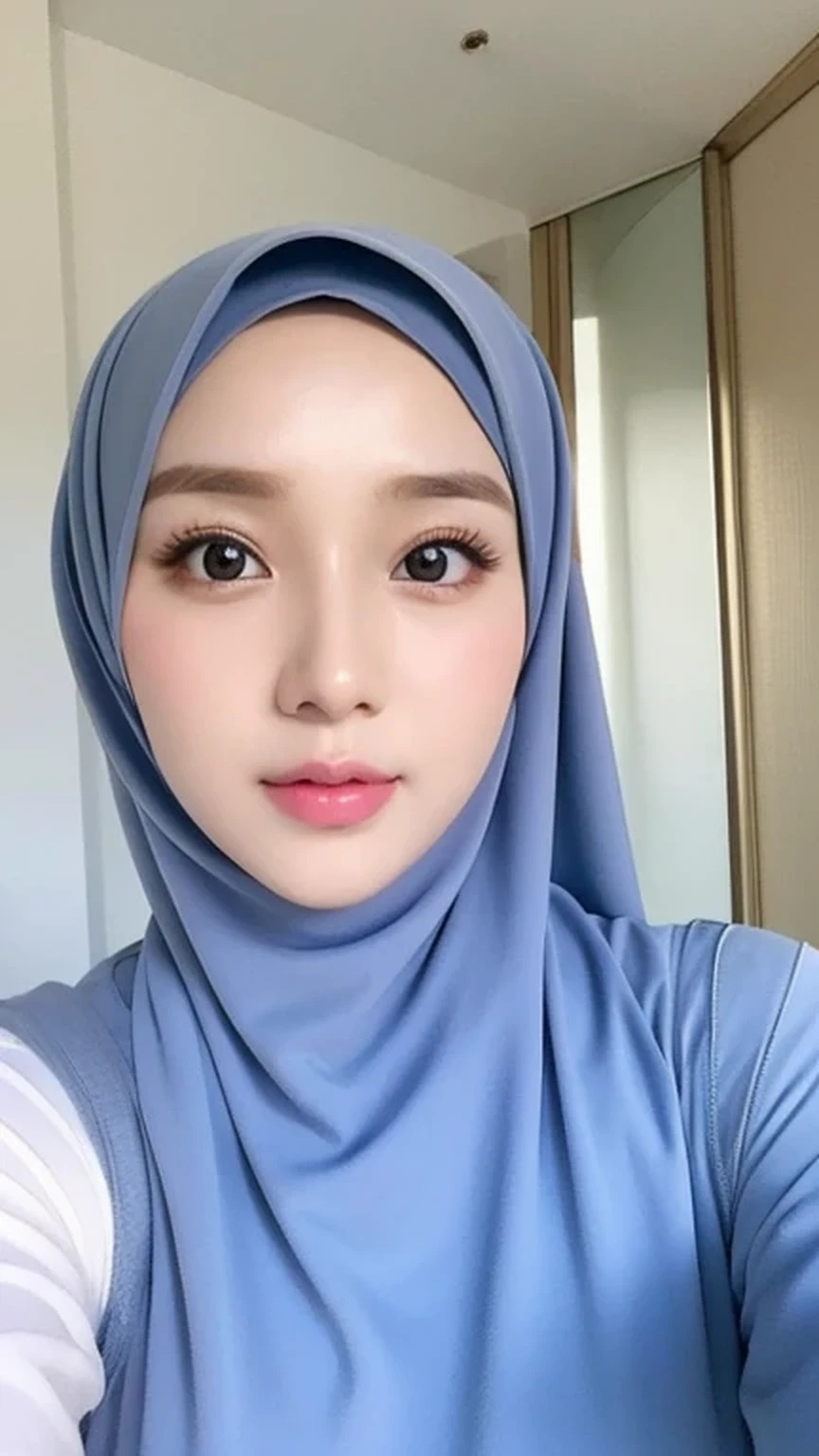 Beautuful Women、hijab, indonesian, realistic, ultra detailed face, 8K、selfee、a room, white room,The face is cute, beautiful, alone, blue, full body