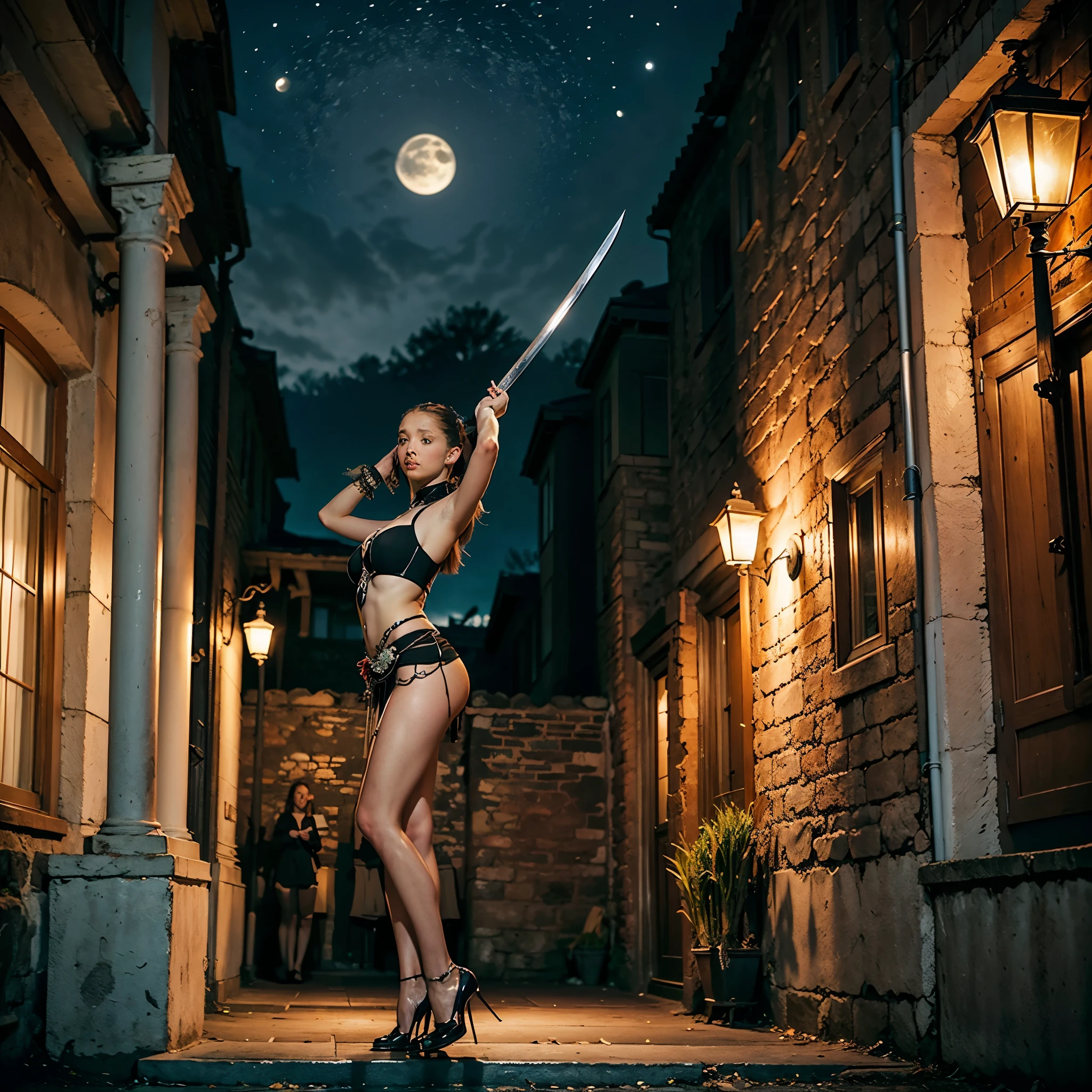 (best quality,4k,8k,highres,masterpiece:1.2),ultra-detailed,(realistic,photorealistic,photo-realistic:1.37),female a lesbian vampire sword master colorful translucent and sheer billowing dress flowing in the wind master crafted katana shining in the moonlight dancing gracefully, displaying her incredible skills set in a courtyard surrounded by lush greenery bamboo dummy targets arranged in a strategic formation shadows cast by the moonlight creating a mysterious atmosphere vibrant and contrasting colors adding life to the scene the vampire's sharp canines glistening as she smiles subtle yet impactful makeup enhancing her alluring beauty her piercing eyes filled with determination and elegance exquisite movements showcasing her mastery of the sword leaves rustling in the gentle breeze, adding a touch of serenity the vampire's long flowing hair swaying with each precise strike the sound of the katana slicing through the air, creating a mesmerizing harmony an aura of power and confidence radiating from the vampire's every move the moonlit sky casting a faint glow on the courtyard subtle hints of red, representing the vampire's thirst for blood the vampire's energy intertwining with the sword, emanating an ethereal glow the courtyard adorned with traditional Japanese elements, adding authenticity to the scene a sense of tranquility and intensity coexisting in perfect harmony the vampire's graceful silhouette emphasized by the billowing dress her fluid movements leaving a trail of energy and mystique the scene captured with meticulous attention to detail a combination of traditional and modern elements, creating a unique visual experience the courtyard bathed in moonlight, creating an enchanting atmosphere the vampire's presence commanding attention and admiration the katana's blade reflecting the vampire's refined craftsmanship the courtyard surrounded by an aura of secrecy and mystery the vampire's dance as a celebration of her love for both beauty and battle the sound