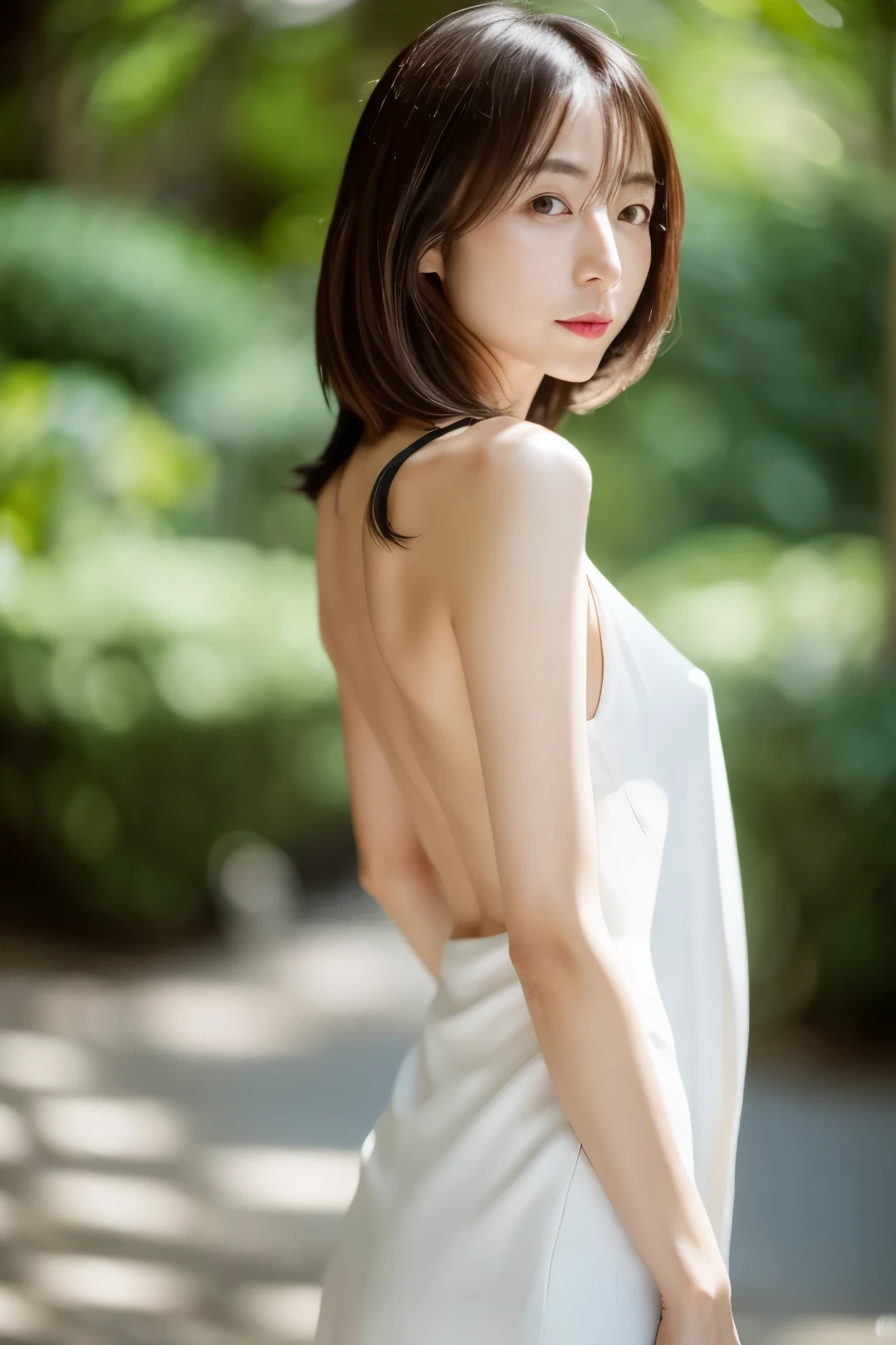 Skinny Japanese woman, age 30s, Slender, small breasts, very thin waist, 8k wallpaper, top-quality, masterpiece, realisitic, Photorealsitic, professional lighting, Angle from behind, Shot in natural light, ((detailed face)), straight hair, Delicate skin type, Emphasizes the luster of hair, white dress, Look at viewers