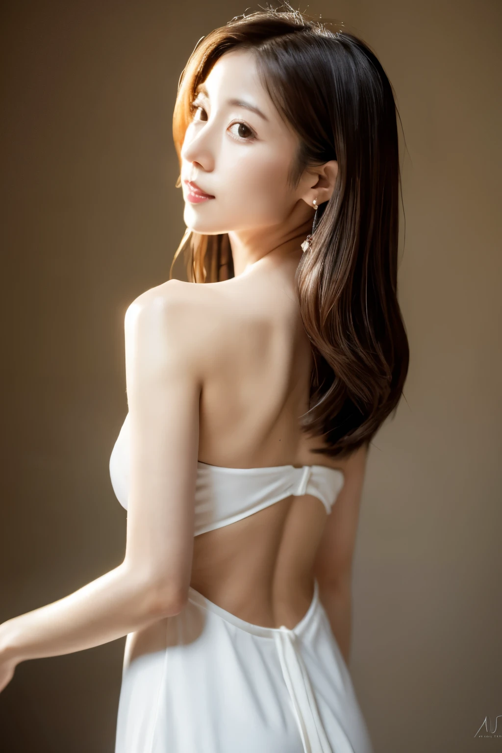 Skinny Japanese woman, age 30s, Slender, small breasts, very thin waist, 8k wallpaper, top-quality, masterpiece, realisitic, Photorealsitic, professional lighting, Angle from behind, Shot in natural light, ((detailed face)), straight hair, Delicate skin type, Emphasizes the luster of hair, white dress, Look at viewers