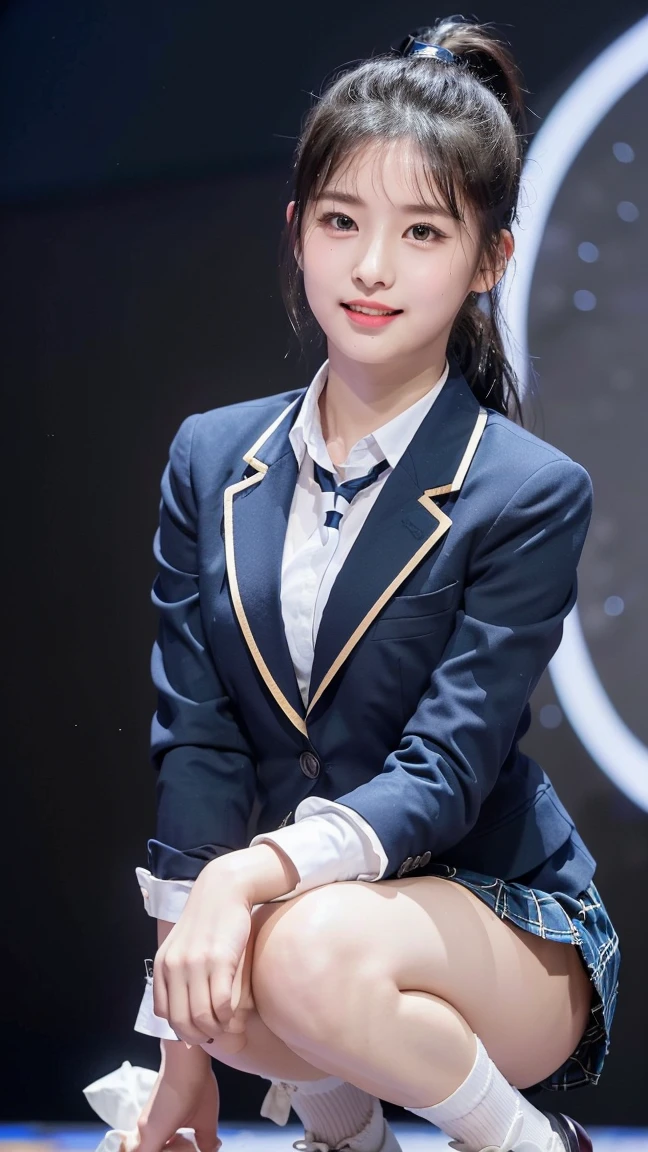 (8K), (highest quality: 1.2), (realistic), (realistic: 1.47), ultra high resolution, 1 girl, cute, smile, closed mouth, (thick lips:1.2),red lip,(Purse your mouth),beautiful details, beautiful nose,(Straight shiny black hair),(With a black ribbon on her head),(ponytail hair),Crouching on the concert stage,hold the microphone in your right hand,Bend your elbows and raise your hands,(University Student Uniform,A simple navy blue blazer,white satin shirt,tie,Tartan check pleated skirt,Loose-fitting high socks:1.2),(Close up on wet thighs:1.2),(knees),(super low angle:1.3),(medium shot),