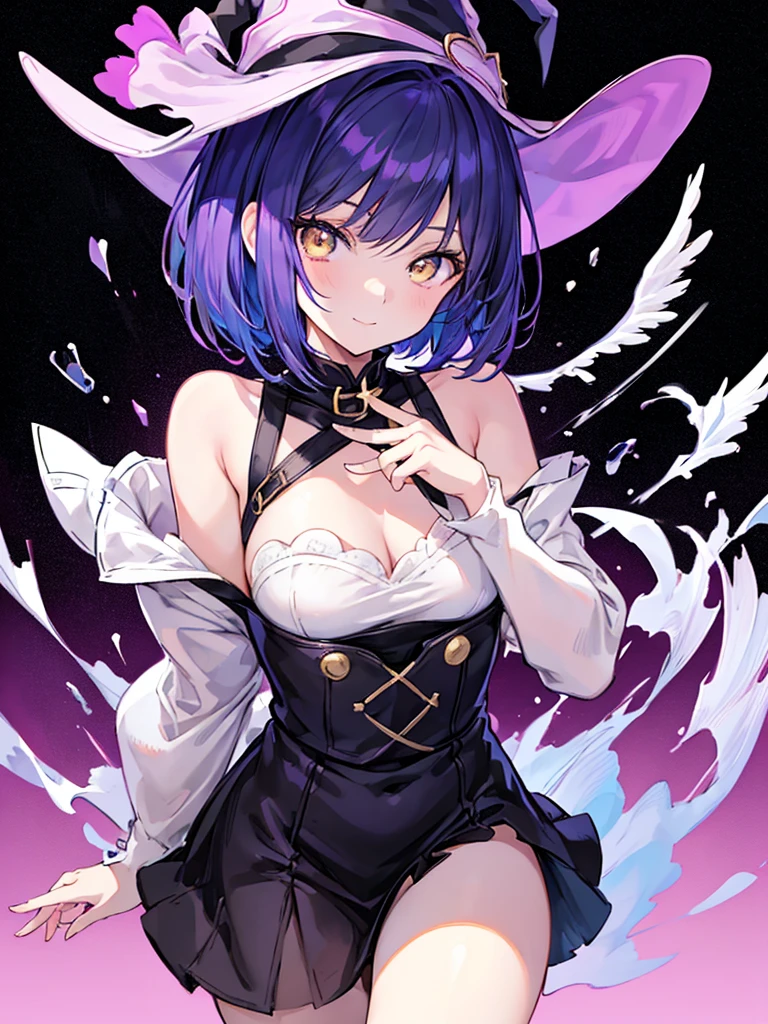Witch's outfit, Anime-style portrait of a -ager girl with a deep violet bob cut, (Golden eyes), bright eyes, detailed eyes, baby-faced, eye contact with the camera, subtle smile, minimalistic background to emphasize character, high contrast, clean lines, digital painting, vivid colors