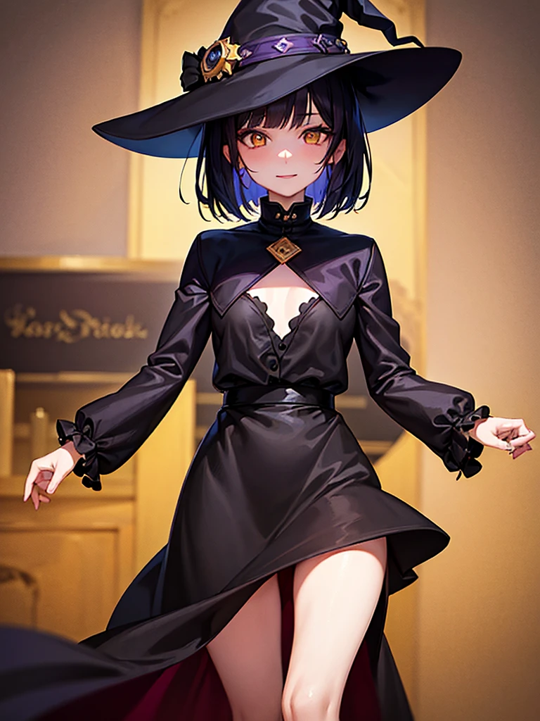 Witch's outfit, Anime-style portrait of a teen-ager girl with a deep violet bob cut, (Golden eyes), bright eyes, detailed eyes, baby-faced, eye contact with the camera, subtle smile, minimalistic background to emphasize character, high contrast, clean lines, digital painting, vivid colors