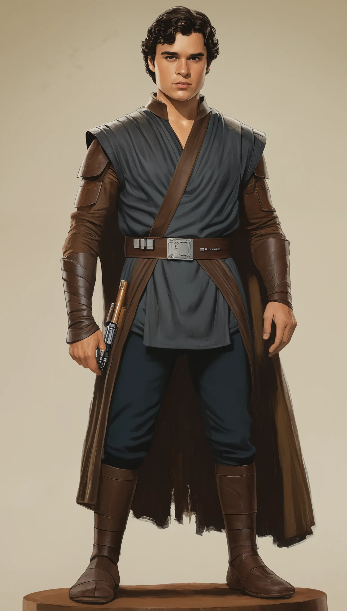 An illustrated movie poster, hand-drawn, full color, a Jedi Knight, 28 years-old, wearing a dark jedi tunic, resembles Gavin Leatherwood, sun-tanned skin, stocky physique, deep brown eyes, wide bulbous nose, black hair, curly hair, thick bushy eyebrows, extremely hairy chest, stomach, and arms, lots of body hair, posing on a pedestal, hard shadows, graphite shading, stencil markings, airbrushed acrylic paint, masterpiece, in the style of Star Wars