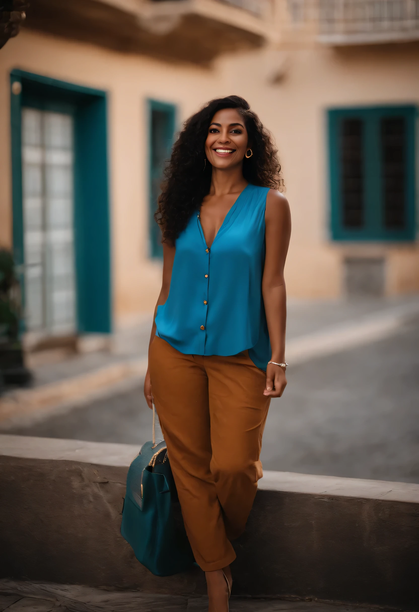 ▌The image shows a woman wearing a blue shirt ▌The image shows a woman wearing a blue shirt, Standing in the dark▌The image shows a woman wearing a blue shirt, parada em um quarto escuro. She's smiling and seems to be posing for the camera. A mulher segura uma sacola verde, that is placed in front of you. The room has a brick wall visible in the background, contribuindo para o ambiente geral da cena.
