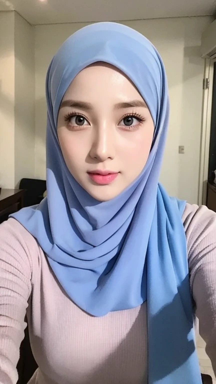 Beautuful Women、hijab, indonesian, realistic, ultra detailed face, 8K、selfee、a room, white room, cute, beautiful, alone, blue, full body