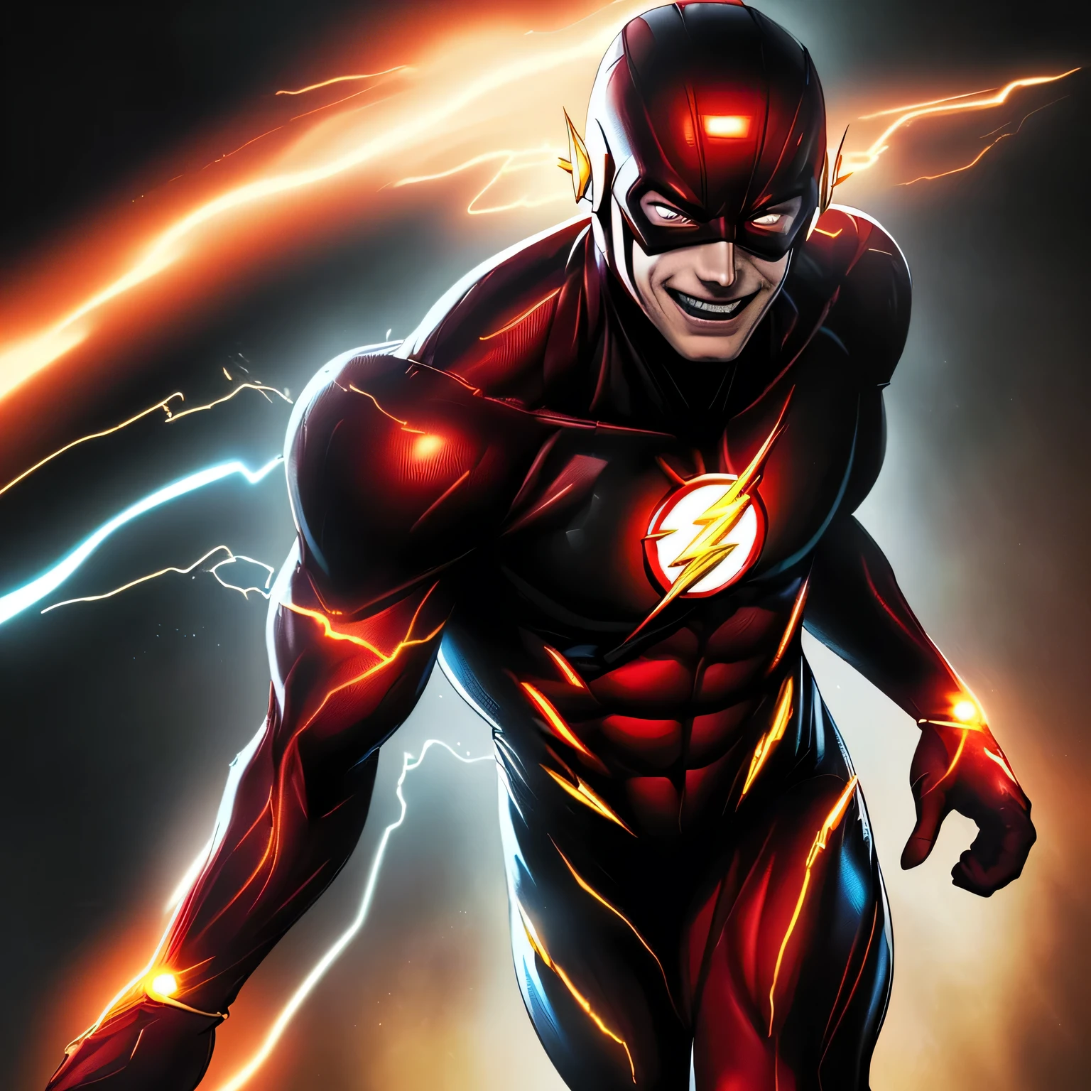 (best quality, highres, ultra-detailed, realistic:1.37), DC comic style, comic scene, Flash with black suit running, the run effect is red, Flash's eyes have a red glow, he smiles