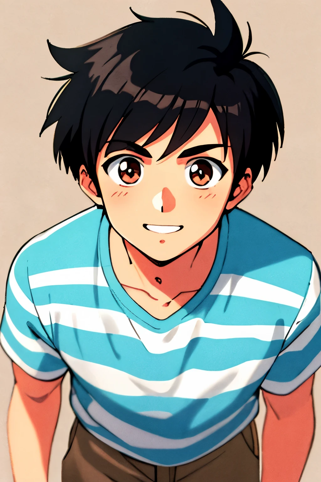 masterpiece, best quality, cel shaded, bright colors, 1boy, solo, male focus, young boy, short black hair, brown eyes, youthful smile, healthy complexion, muscular frame, striped shirt, beige shorts, looking at viewer, staring straight ahead, upper body shot, simple background