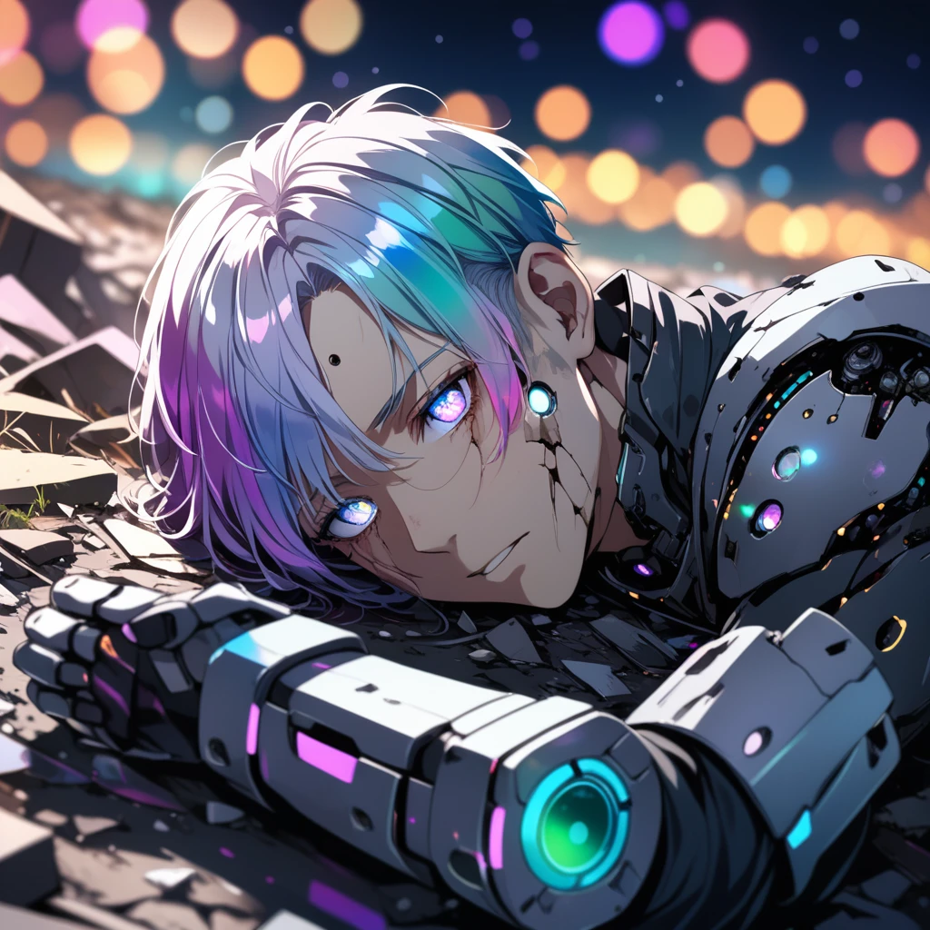 (1man), a broken ruined cyborg adult man in a landfill, sad, robot, beautiful face, body is broken with scars and holes, laying on the ground, 8K, (dynamic perspective), sharp focus, (depth of field, bokeh:1.3), extremely detailed eyes and face, beautiful detailed eyes, hyperpunk scene, cinematic lighting, reflective transparent iridescent opaque jacket, long transparent iridescent RGB hair, ((masterpiece, best quality)), from above, upper body, short hair