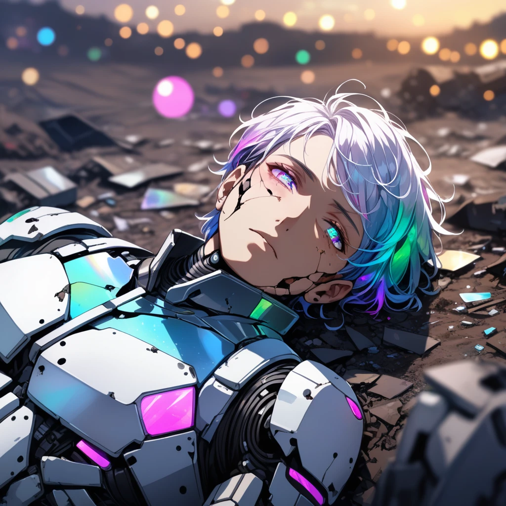 (1man), a broken ruined cyborg adult man in a landfill, sad, robot, beautiful face, body is broken with scars and holes, laying on the ground, 8K, (dynamic perspective), sharp focus, (depth of field, bokeh:1.3), extremely detailed eyes and face, beautiful detailed eyes, hyperpunk scene, cinematic lighting, reflective transparent iridescent opaque jacket, long transparent iridescent RGB hair, ((masterpiece, best quality)), from above, upper body, short hair