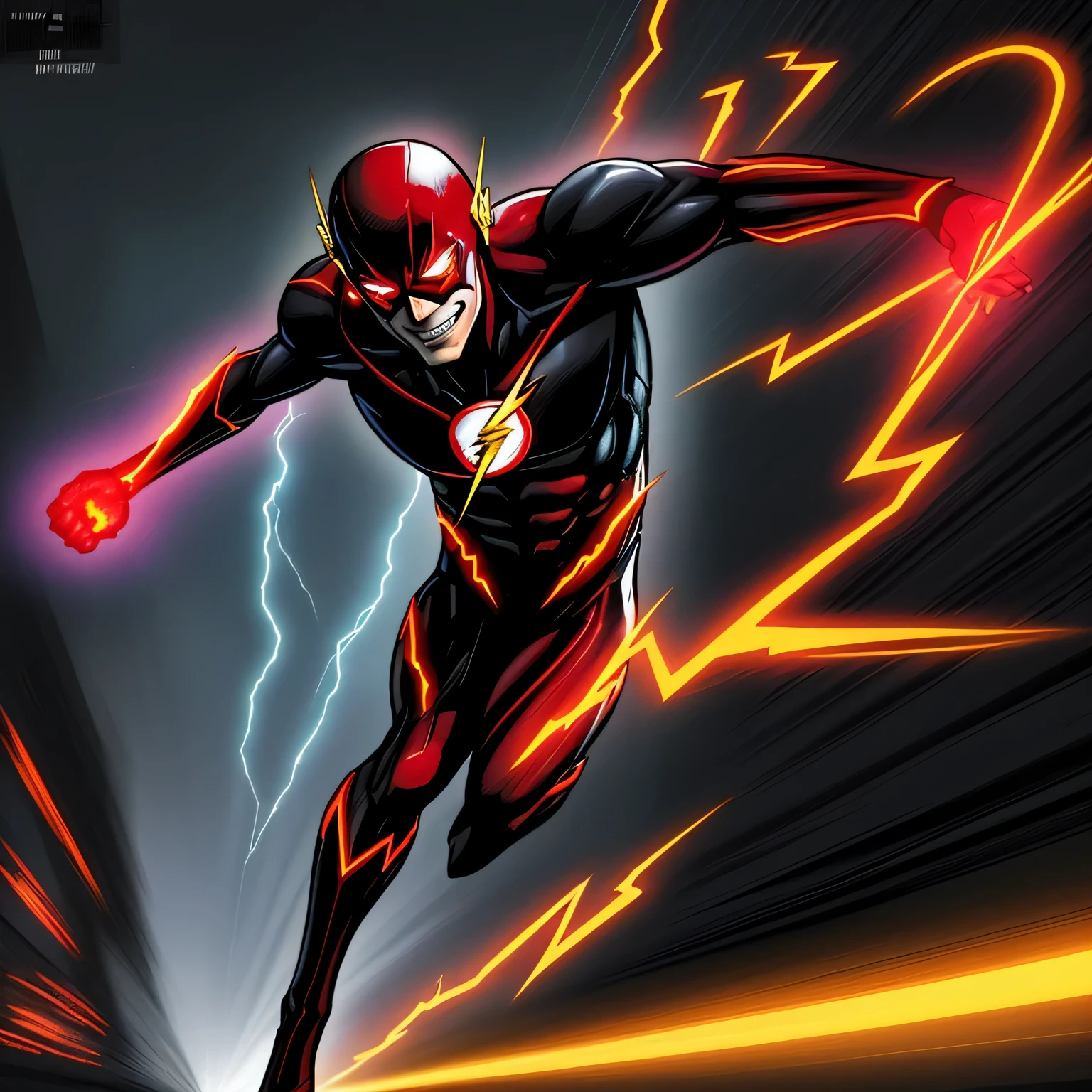 DC comic style,comic scene,flash with black suit running,the run effect is red,flash eye red glow,he smile