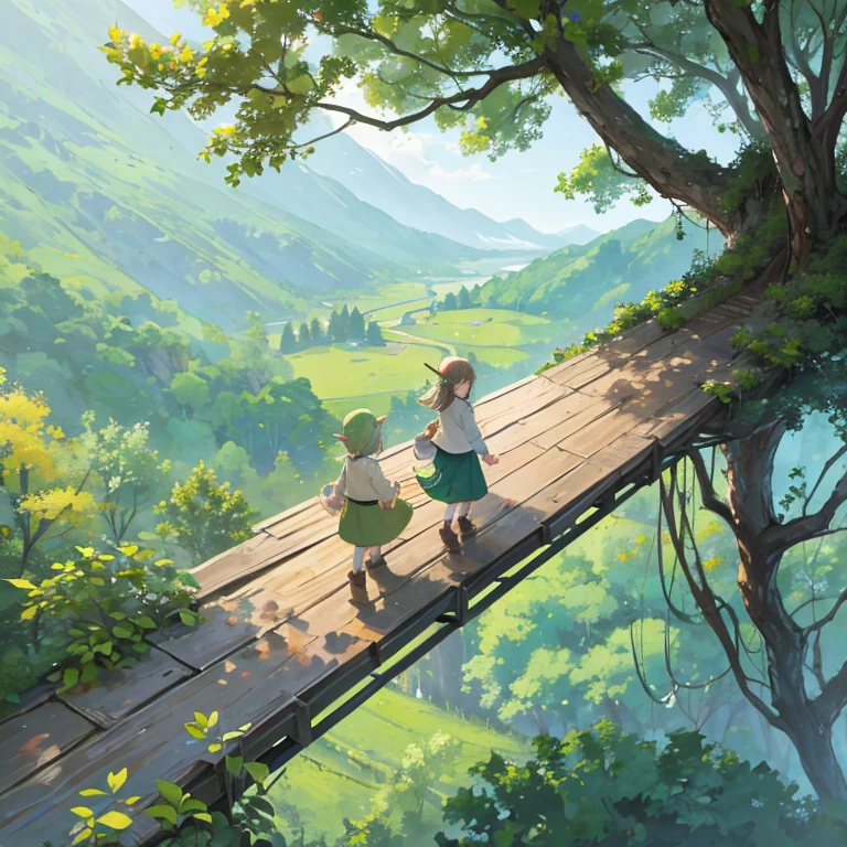 High-up, above the thick trees of the forest lies a hidden elf village build high among the trees for safety and security, the many trees are seemingly connected by handmade rope and wood plank bridges, breezy yet cozy, all natural, small elf kids are playfully chasing each other along the bridges, the forest floor is no where in sight as if the viewer has been transported to a cozy peaceful treehouse village in the skies.
