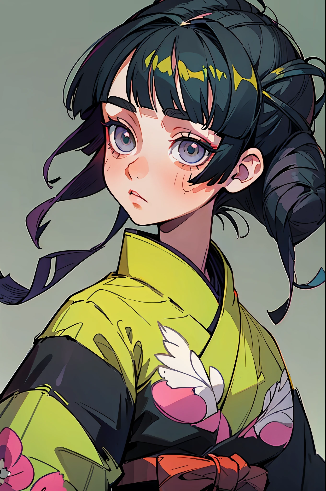 (best quality, masterpiece), 1girl, kimetsu no yaiba, masterpiece, quarter portrait. best quality, 1girl, (solo:1.5) , black hair, blunt bangs, ringlet hair, grey eyes, kimono, holding a sword, simple background illustration, simple background, good composition
