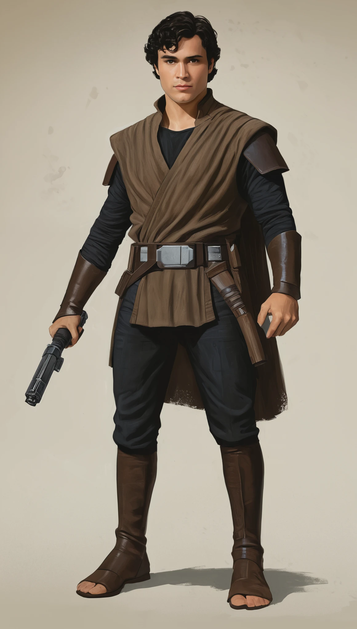An illustrated movie poster, hand-drawn, full color, a Jedi Knight, 28 years-old, wearing a dark jedi tunic, resembles Gavin Leatherwood, sun-tanned skin, stocky physique, deep brown eyes, wide bulbous nose, black hair, curly hair, thick bushy eyebrows, extremely hairy chest, stomach, and arms, lots of body hair, posing on a pedestal, hard shadows, graphite shading, stencil markings, airbrushed acrylic paint, masterpiece, in the style of Star Wars