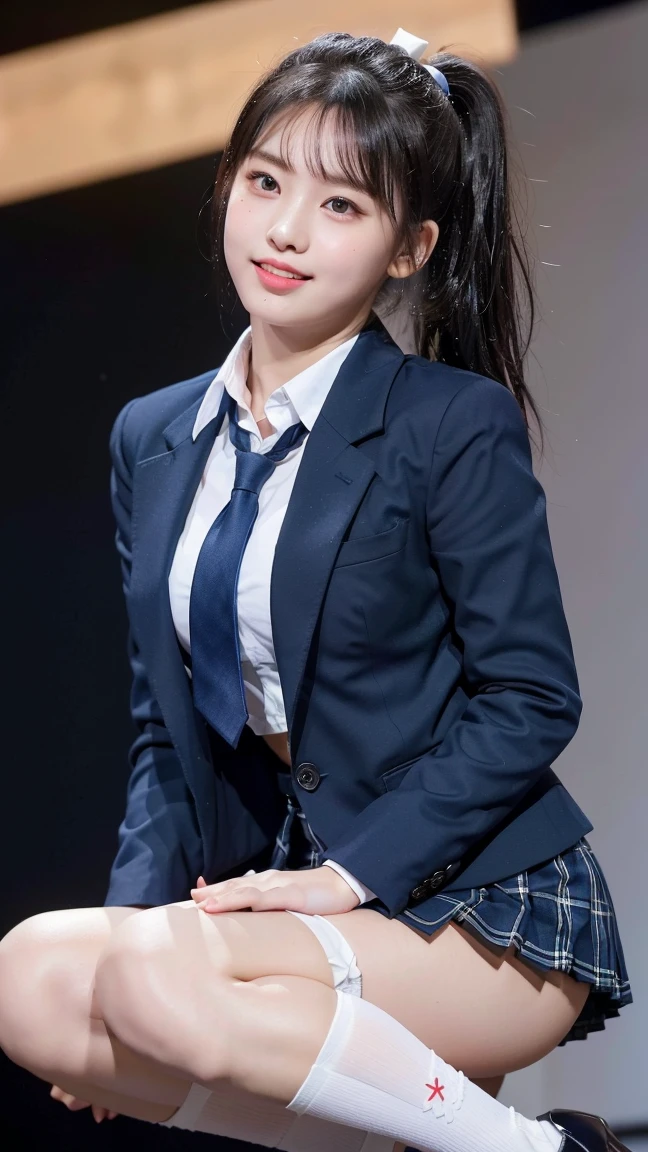 (8K), (highest quality: 1.2), (realistic), (realistic: 1.47), ultra high resolution, 1 girl, cute, smile, closed mouth, (thick lips:1.2),red lip,(Purse your mouth),beautiful details, beautiful nose,(Straight shiny black hair),(With a black ribbon on her head),(ponytail hair),Crouching on the concert stage,hold the microphone in your right hand,Bend your elbows and raise your hands,(University Student Uniform,A simple navy blue blazer,white satin shirt,tie,Tartan check pleated skirt,Loose-fitting high socks:1.2),(Close up on wet thighs:1.2),(knees),(super low angle:1.3),(medium shot),(shot from behind)