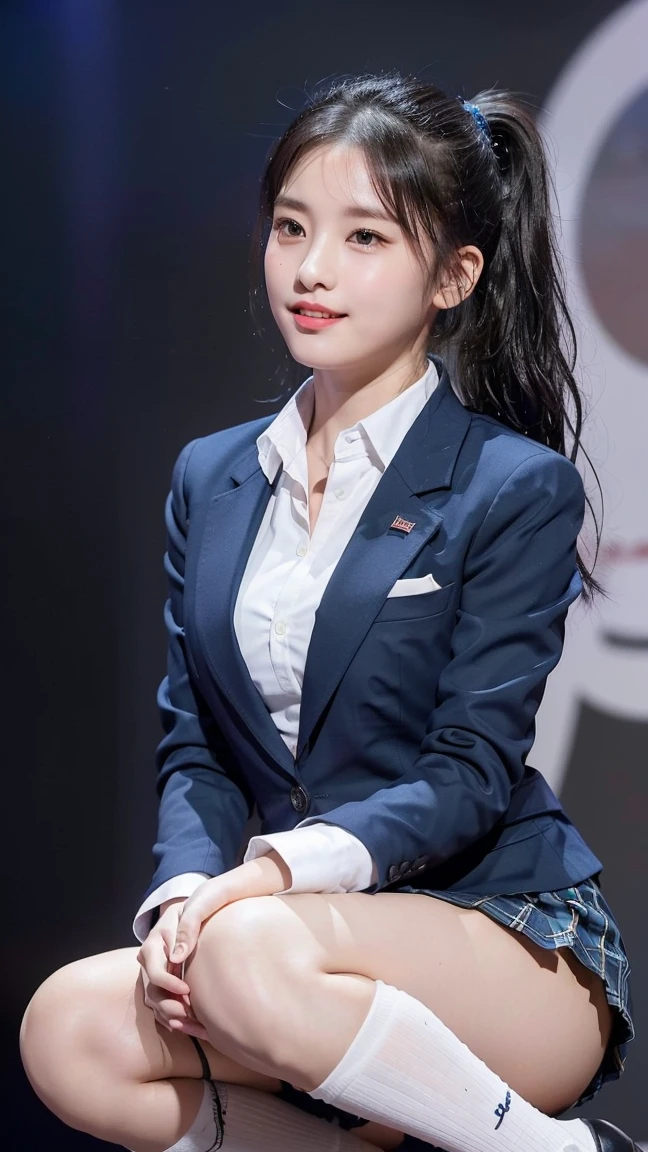 (8K), (highest quality: 1.2), (realistic), (realistic: 1.47), ultra high resolution, 1 girl, cute, smile, closed mouth, (thick lips:1.2),red lip,(Purse your mouth),beautiful details, beautiful nose,(Straight shiny black hair),(With a black ribbon on her head),(ponytail hair),Crouching on the concert stage,hold the microphone in your right hand,Bend your elbows and raise your hands,(University Student Uniform,A simple navy blue blazer,white satin shirt,tie,Tartan check pleated skirt,Loose-fitting high socks:1.2),(Close up on wet thighs:1.2),(knees),(super low angle:1.3),(medium shot),(shot from behind)