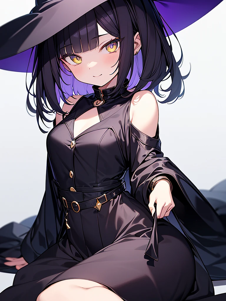 Witch's outfit, Anime-style portrait of a -agerrl with a deep violet bob cut, (Golden eyes), bright eyes, detailed eyes, baby-fa eye contact with the camera, subtle smile, minimalistic background to emphasize character, high contrast, clean lines, digital painting, vivid colors
