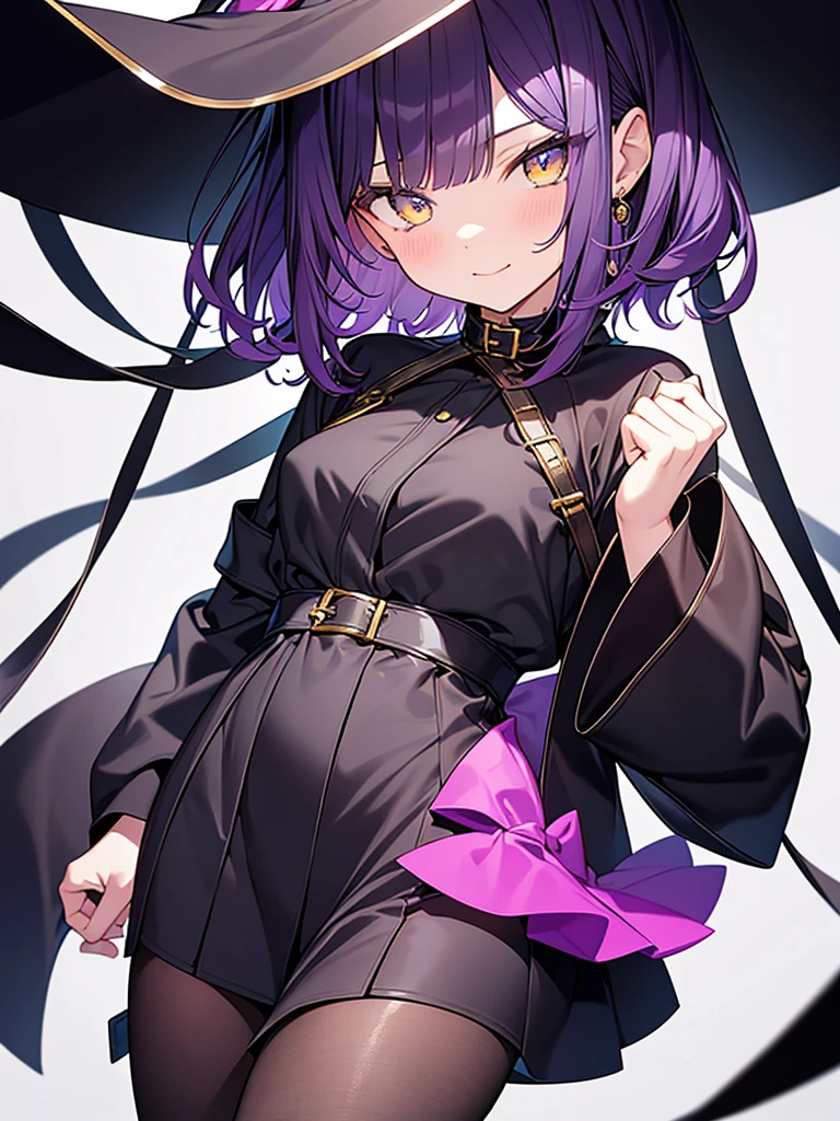 Witch's outfit, Anime-style portrait of a teen-ager girl with a deep violet bob cut, (Golden eyes), bright eyes, detailed eyes, baby-faced, eye contact with the camera, subtle smile, minimalistic background to emphasize character, high contrast, clean lines, digital painting, vivid colors