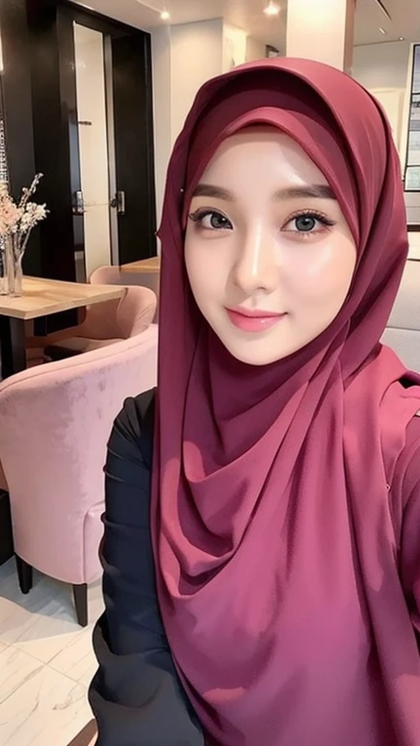 Beautuful Women、hijab, indonesian, realistic, ultra detailed face, 8K、selfee、cafe, cute, beautiful, alone, black and pink, full body