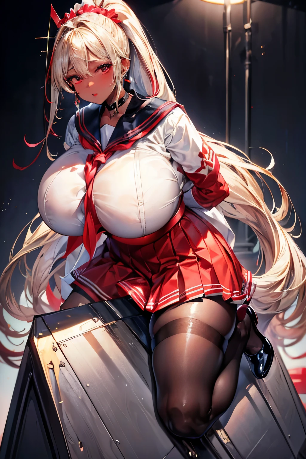 (masterpiece:1.2、highest quality、T Masterpiece)、1 female、alone、classroom、Day、blonde、ponytail、red eyes、(sailor suit:1.4)、(black skin:1.4)、big breasts、pantyhose、corset、earring skirt、lipstick、very sweaty、put your hands behind your head、Scrunchie、choker、blush、beautiful feet、(Straddling a triangular horse)