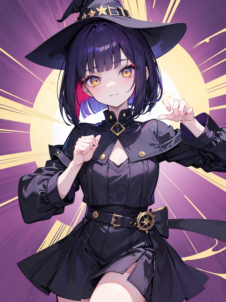 Witch's outfit, Anime-style portrait of a teen-ager girl with a deep violet bob cut, (Golden eyes), bright eyes, detailed eyes, baby-faced, eye contact with the camera, subtle smile, minimalistic background to emphasize character, high contrast, clean lines, digital painting, vivid colors
