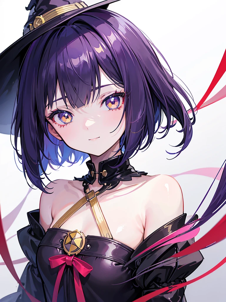 Witch's outfit, Anime-style portrait of a -agerrl with a deep violet bob cut, (Golden eyes), bright eyes, detailed eyes, baby-fa eye contact with the camera, subtle smile, minimalistic background to emphasize character, high contrast, clean lines, digital painting, vivid colors