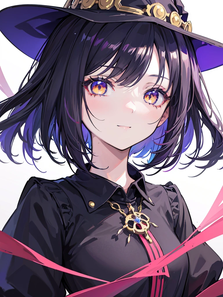 Witch's outfit, Anime-style portrait of a teen-ager girl with a deep violet bob cut, (Golden eyes), bright eyes, detailed eyes, baby-faced, eye contact with the camera, subtle smile, minimalistic background to emphasize character, high contrast, clean lines, digital painting, vivid colors