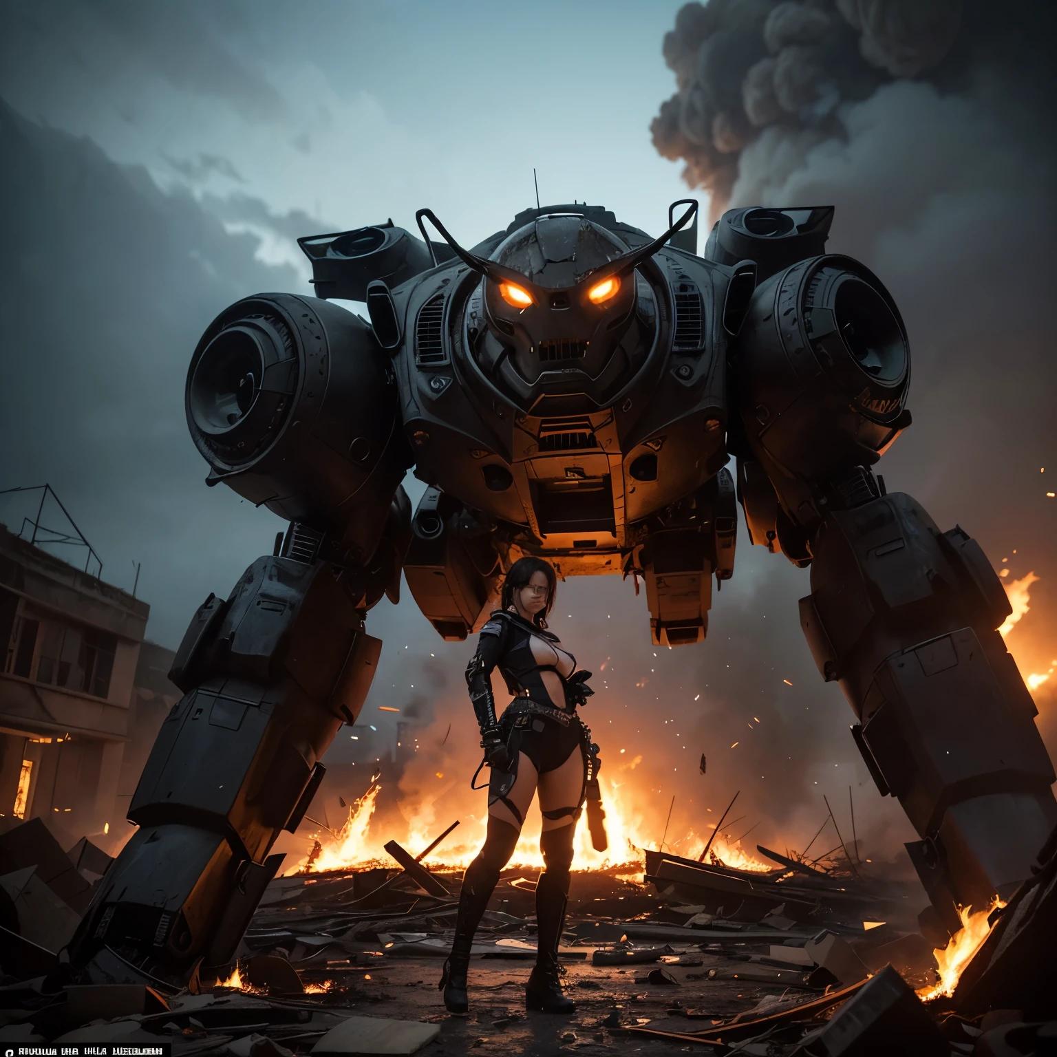 (highest quality、4K、High resolution、master piece: 1.2)、Super detailed、real: 1.37、Natural light、Portrait、surreal colors、futuristic style、Crumbling cityscape、Overgrown vegetation、Foggy atmosphere、Contrasting shadows、tattered clothes、A strong and confident gaze、Abandoned Objects、desolation、Destroyed building silhouette、vivid graffiti、Empowering pose、hair fluttering in the wind、Expressive facial features、unforgettable beauty、Dramatic sky、eerie clouds、intricate details、urban decline、post-apocalyptic setting、Ruins in nature 、Majestic Skyline、Desperate struggle、Creepy Presence、Thought of power、強化されたThought of power、intensity of emotions、Tense atmosphere、heroic attitude、intense action、Fearless Determination、Survival from all odds、Dangerous landscapes、Iconic battle、cinematic composition、epic showdown、A moment frozen in time、mysterious aura、fortitude、Women&#39;s Support、strong female protagonist、Fascinating story、Women's power、Fierce determination、Empowering Stories、Behind her is a huge(The invader&#39;s mech is on fire and about to collapse.:1.3)
