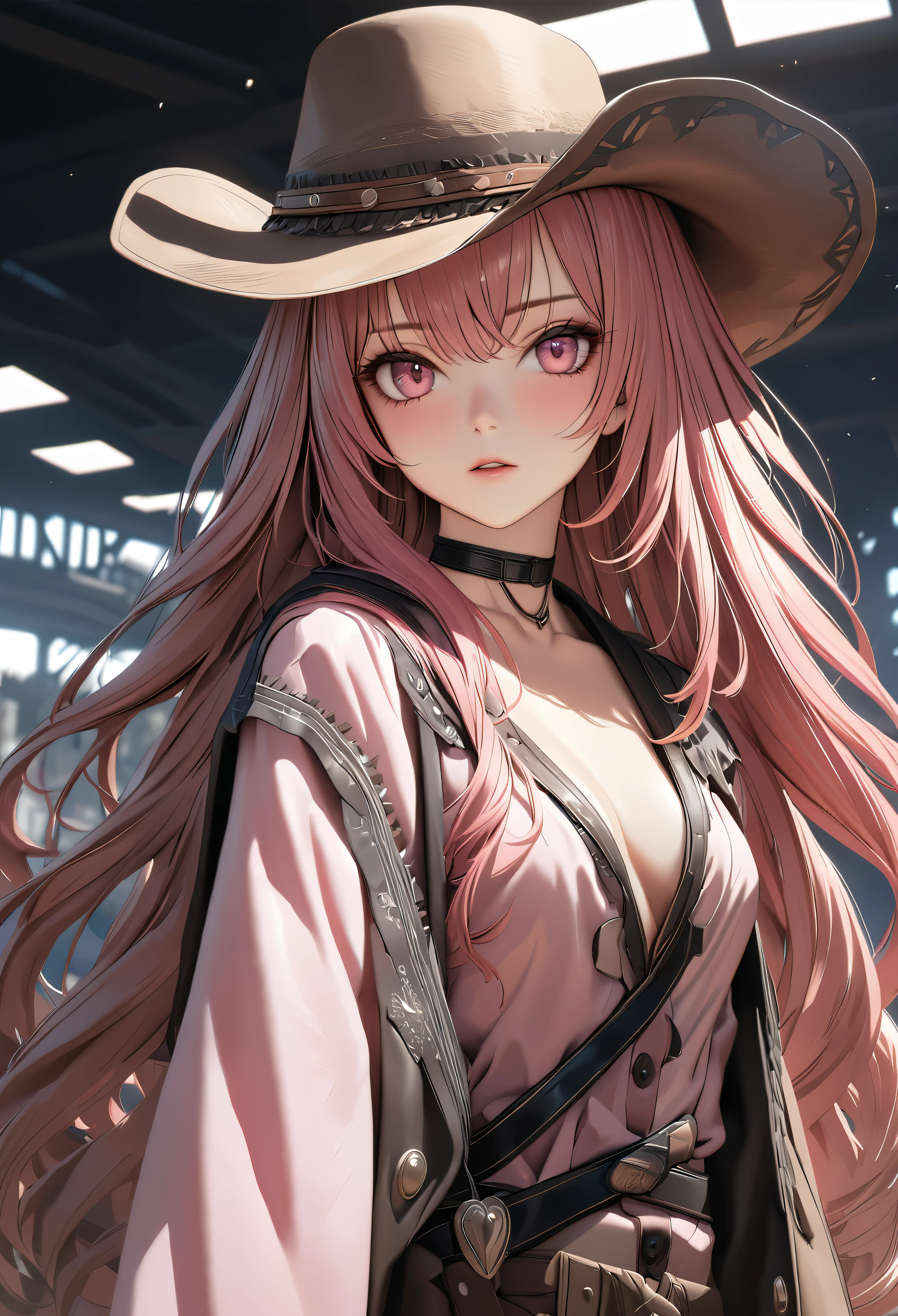 masterpiece,highest quality, Super detailed, High resolution, expensive resolution, HDR, 4k, 8K, unity 8k wallpaper, Super detailed CG, masterpiece, realistic, 2D, 3D, beautiful details, depth, fine texture , super fine: 1.3, Fully focused, Crispy.skin, .he, Very cute anime girl 、cowboy style costume、cowboy hat、cowboy boots technic wilderness、duel、long sword、Pink semi-long hair wearing expensive , one girl、alone, Pink semi-long hair, cowboy style、cowboy hat、long sword、duel、cowboy bootole under the eye, looking at the viewer , expensive , blush, mole, parted lips, hair ornaments, heart, pink eyes, choker