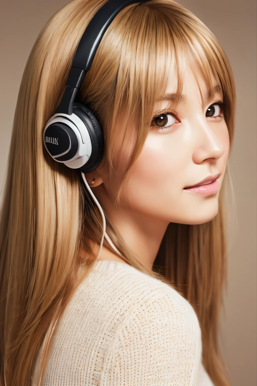 (masterpiece), (best quality, highres, highly-detailed, illustration), Skinny Japanese girl, 30 years old, 1girl, solo, city, contemporary, profile picture closeup, blonde beige long hair, cute face, detailed face, brown eyes, beautiful detailed eyes, squatting, headphones, 8k, trending on ArtStation