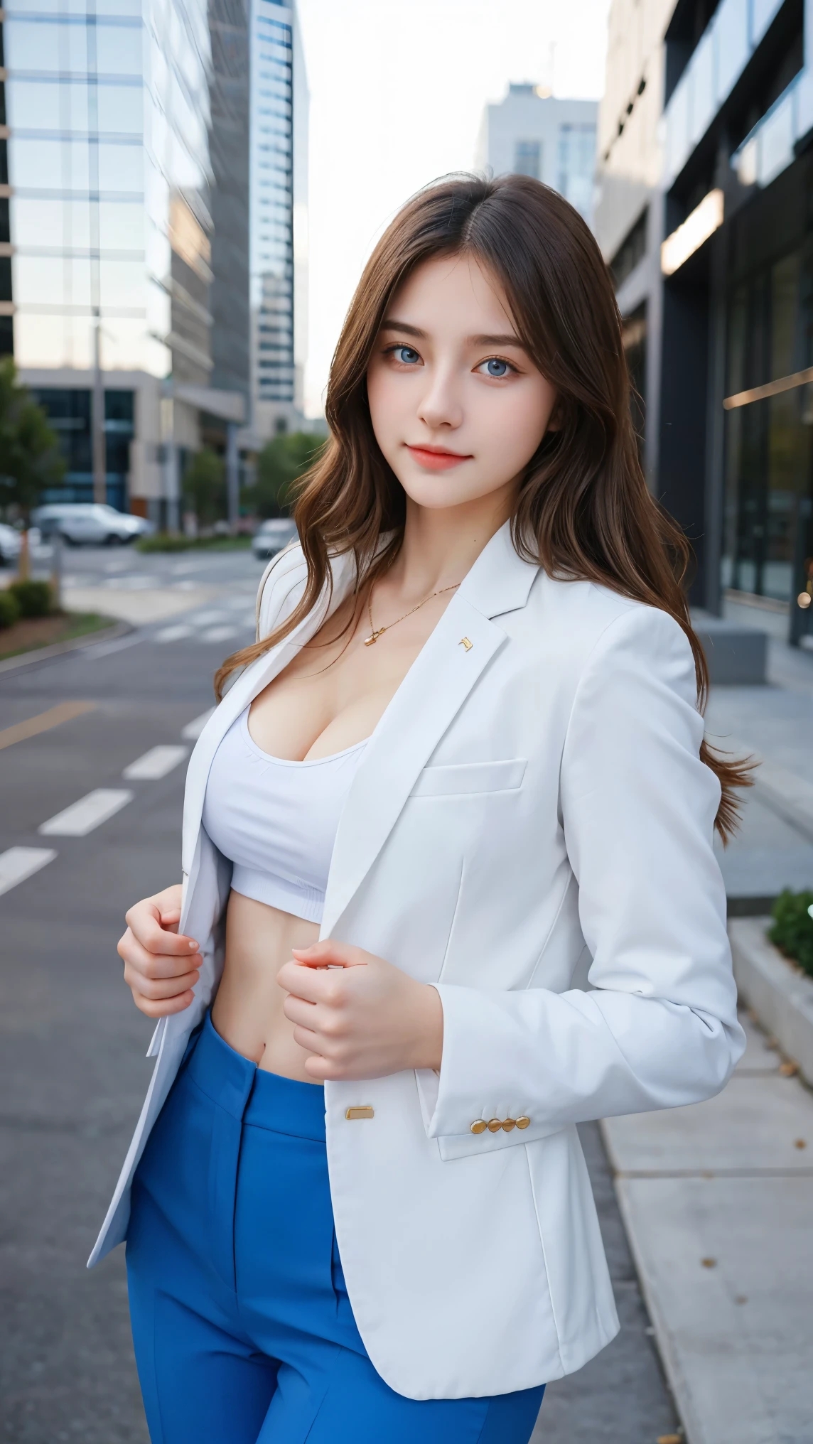 Gorgeus Girl, Beautiful, Baby Face, 20 Years Old, White Skin, Beside, Sexy Pose, business suits, Blue Eye, Muscles, Bokeh, Modern Place Background, Masterpiece, Fullbody Shot, woman trousers