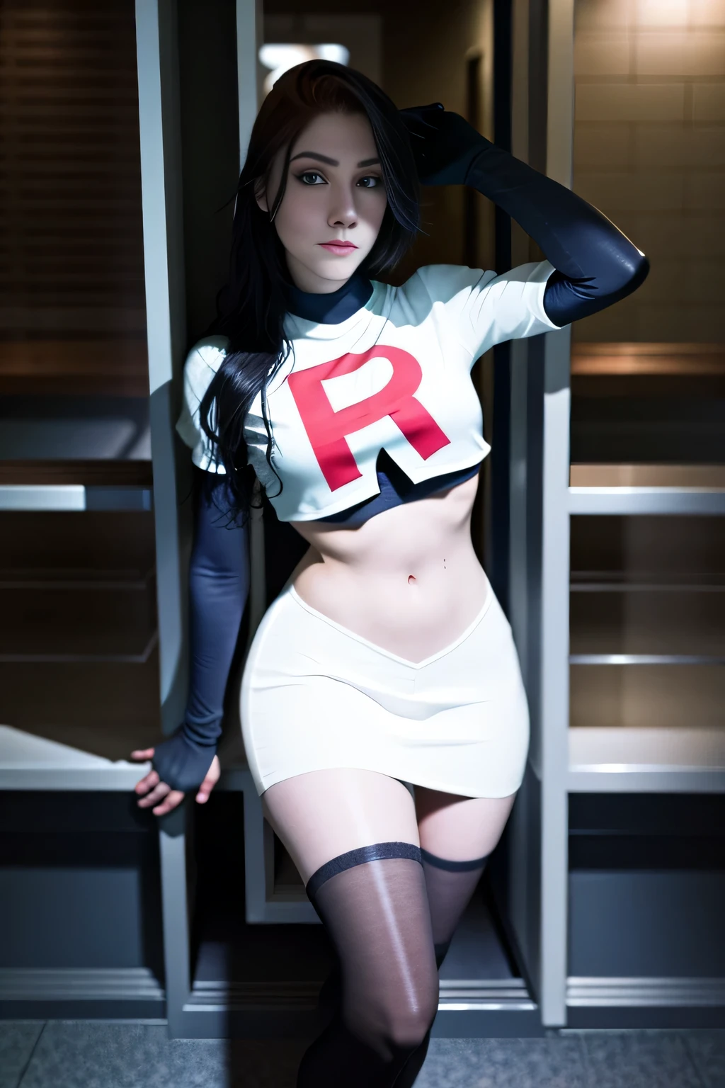 leynainu, a woman, wearing team rocket,team rocket uniform,white skirt,red letter R,crop top,black thigh-highs,black elbow gloves,