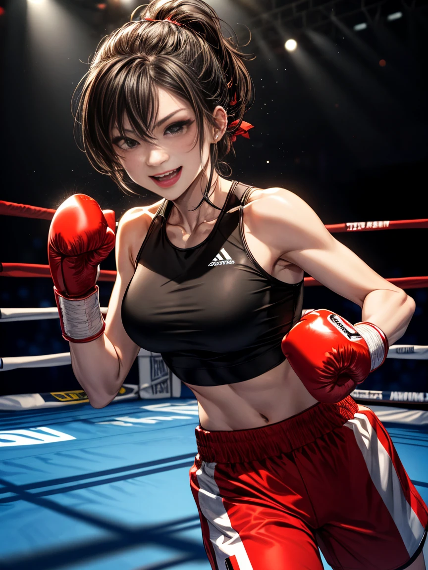 Professional female bantamweight boxers、Wearing a tight-fitting tank top and short running pants, clenching his fist、With a confident smile, he clenches his fist and attacks the viewer.、In dynamic poses、boxing ring、During a boxing match、The crowd is gathering。