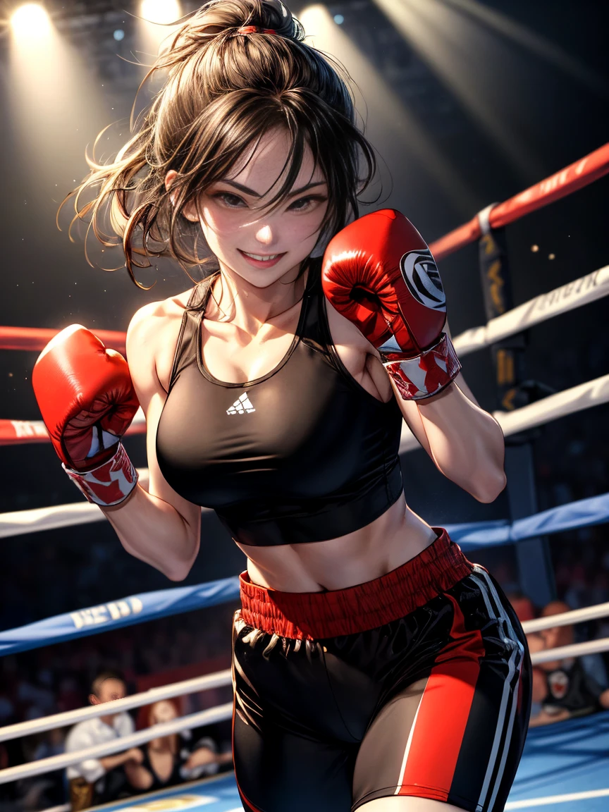 Professional female bantamweight boxers、Wearing a tight-fitting tank top and short running pants, clenching his fist、With a confident smile, he clenches his fist and attacks the viewer.、In dynamic poses、boxing ring、During a boxing match、The crowd is gathering。