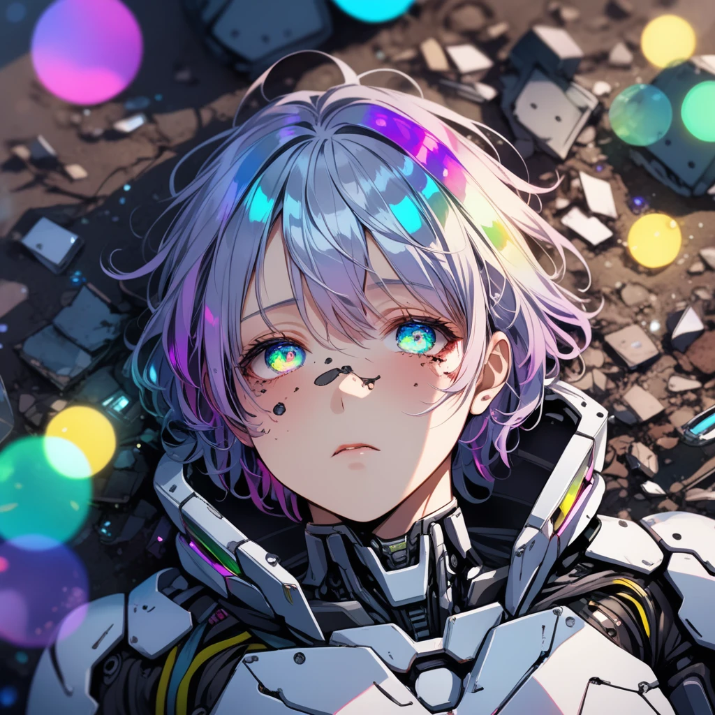 (1man), a broken ruined cyborg adult man in a landfill, sad, robot, beautiful face, body is broken with scars and holes, laying on the ground, 8K, (dynamic perspective), sharp focus, (depth of field, bokeh:1.3), extremely detailed eyes and face, beautiful detailed eyes, hyperpunk scene, cinematic lighting, reflective transparent iridescent opaque jacket, long transparent iridescent RGB hair, ((masterpiece, best quality)), from above, upper body, short hair, tears